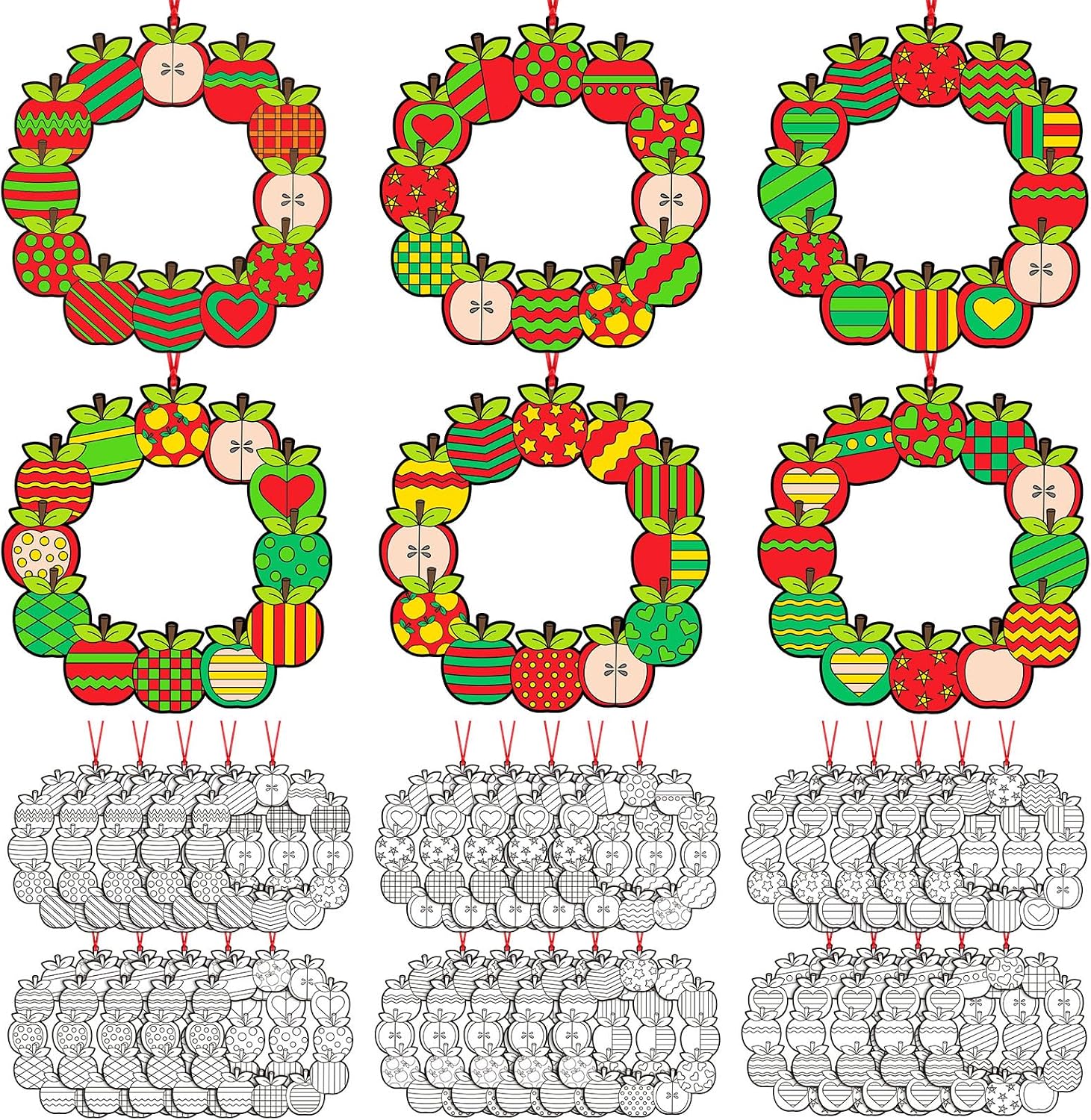 Epakh 30 Pack Back to School Apple Craft Kits, Color Your Own Wreaths | Apple Coloring Wreath Crafts In 6 Designs With Hanging Cords For First Day Of School And Fall Party Supplies Decors