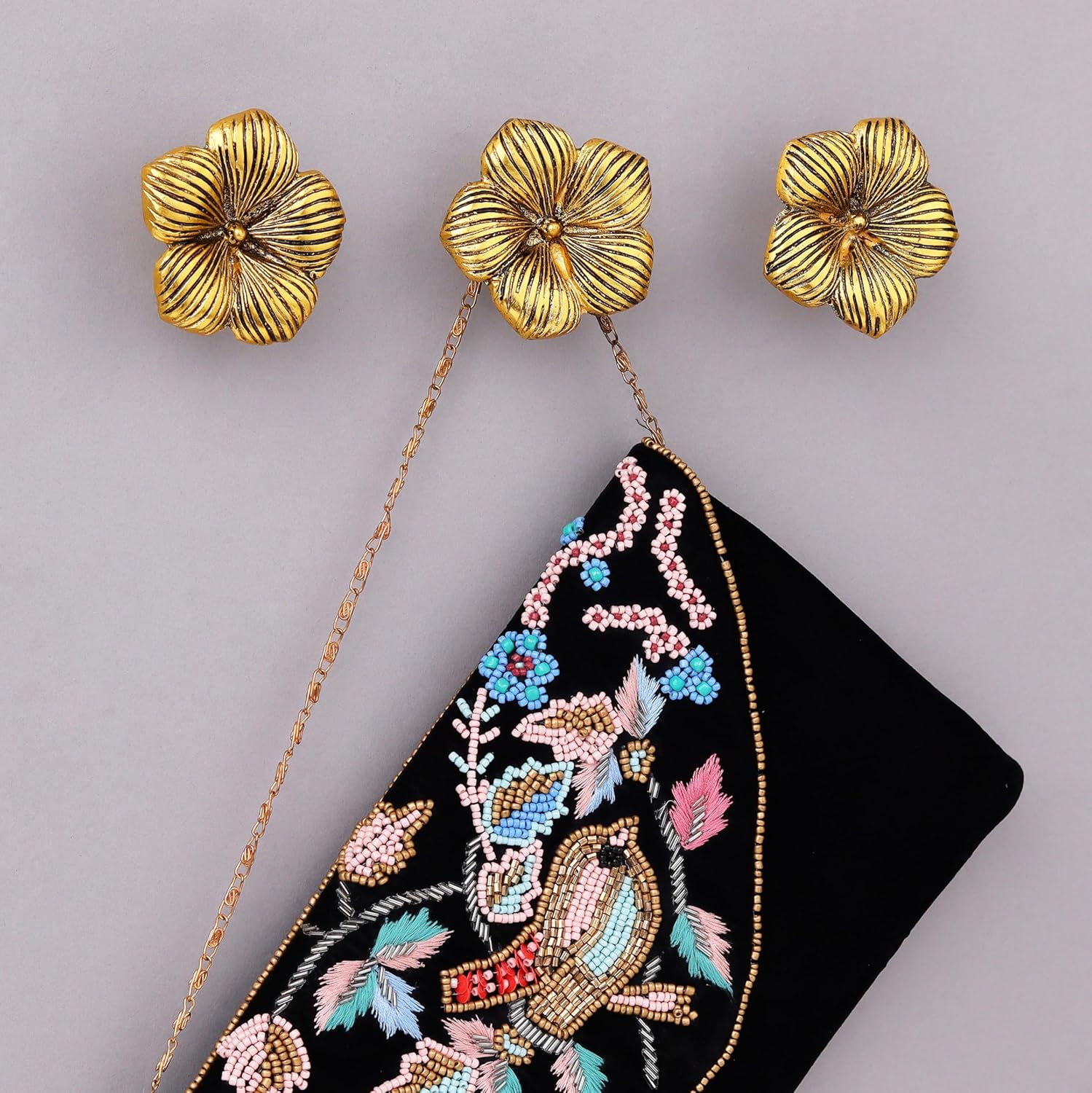 Indian Shelf 3 Boho Flower Decorative Wall Hooks Heavy Duty- Floral Gold Hooks- Vintage Coat Rack Wall Mount for Hanging Things, Towels, Purse, Bags, Leash, Backpack Hanger, Hat Holder