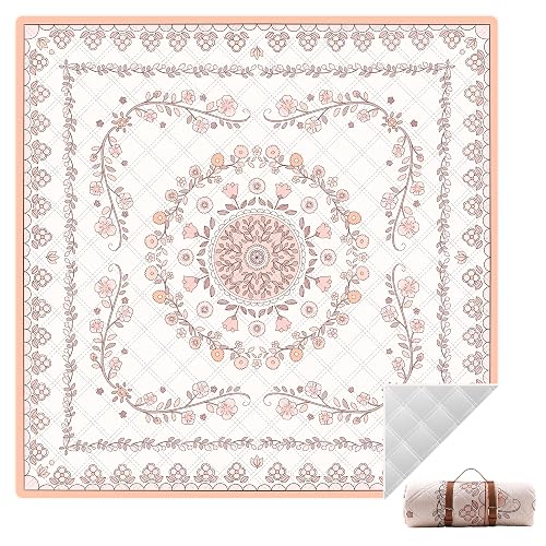 aoole Boho Picnic Blanket, 79" x 79" Extra Large Outdoor Picnic Mat, Outdoor Blanket, Beach Blanket, Washable Foldable Portable Blanket for Park Grass/Beach/Camping/Concerts - Pink
