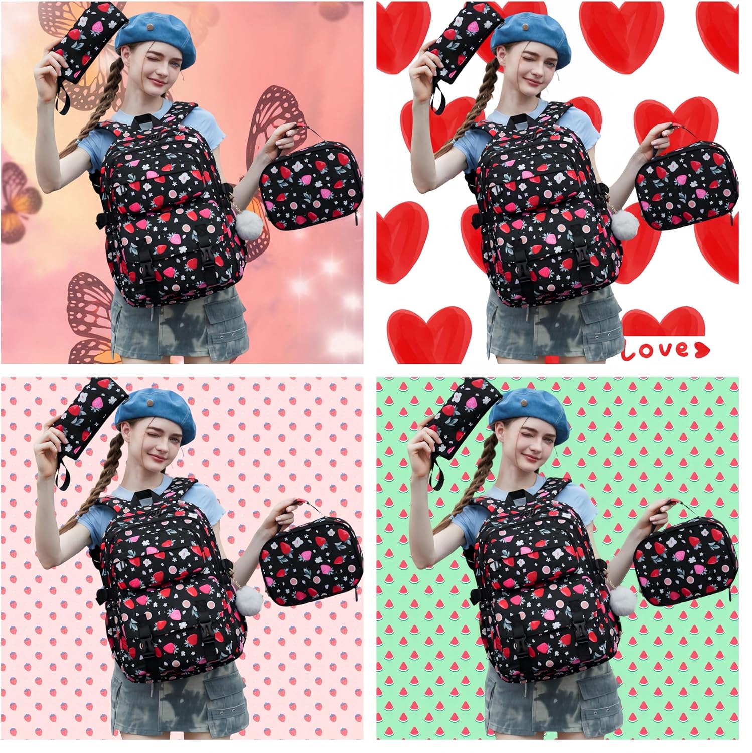 Kids Backpack for Girls with Lunch Box Teen Girl Backpacks Set Travel Daypack Large Bookbags for Teens Girls (strawberry) - Image 7