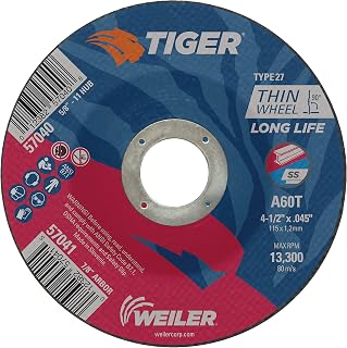 Weiler 57041 Tiger 4-1/2" Cutting Wheel, 0.045" Thick, Type 27, A60T, 7/8" A.H. (Pack of 25)
