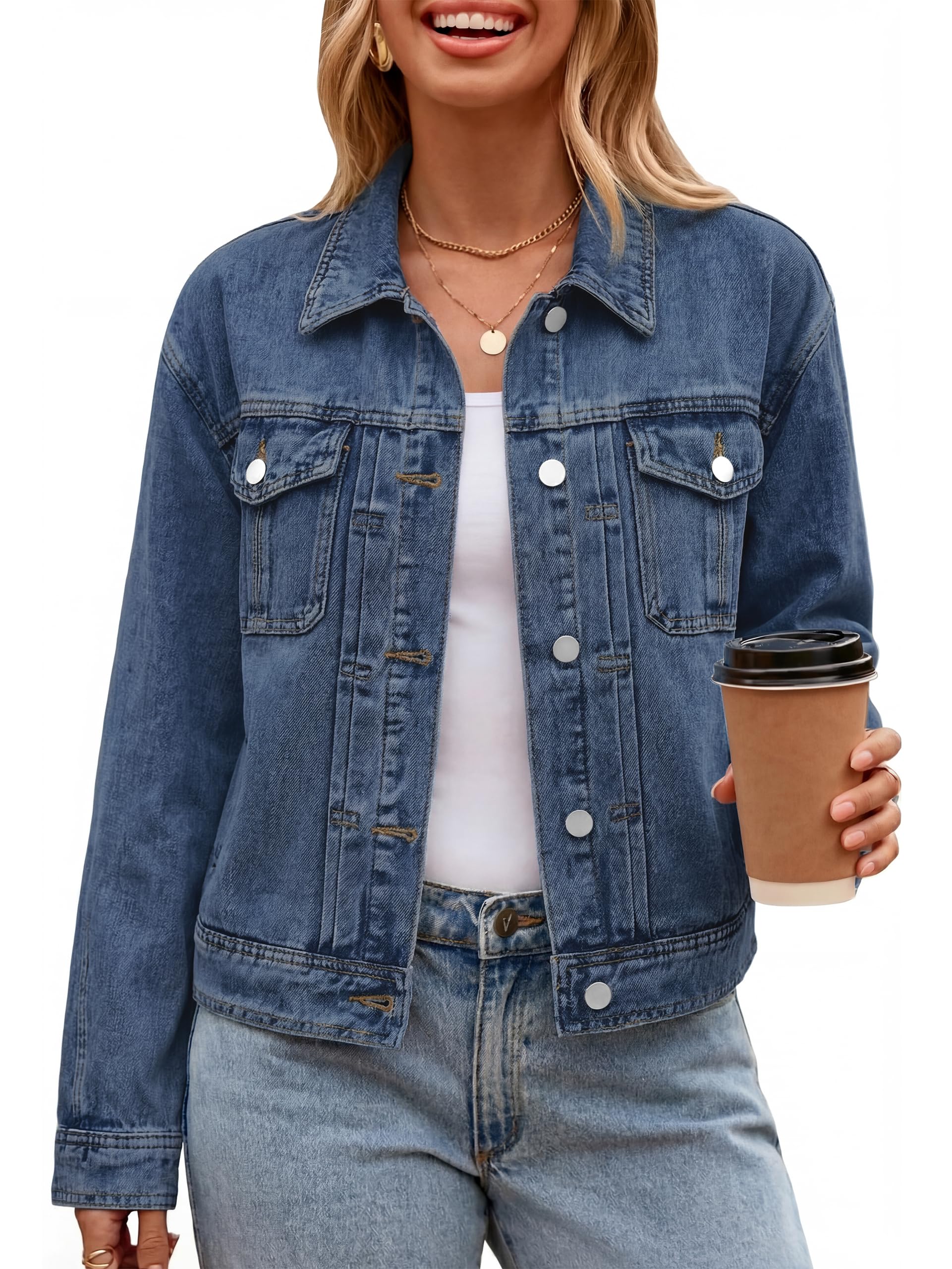Glamaker Womens Jean Jacket 2026 Casual Basic Trendy Button Down Long Sleeve denim Jacket Coat With Pockets