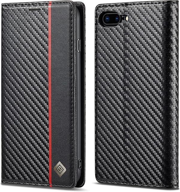 ZTOFERA Compatible with iPhone SE 3 (2022) 5G/7/8/SE 2020 Wallet Case, Premium PU Leather Carbon Fiber Texture Flip Case with Card Holder Magnetic Closure Protective Phone Case, Vertical Red Line