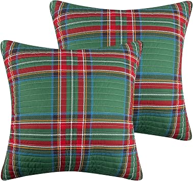 Levtex Home - Spencer Plaid Quilted Euro Sham 26x26in. - Christmas Tartan Plaid - Green, White, Red - No Insert Set of 2