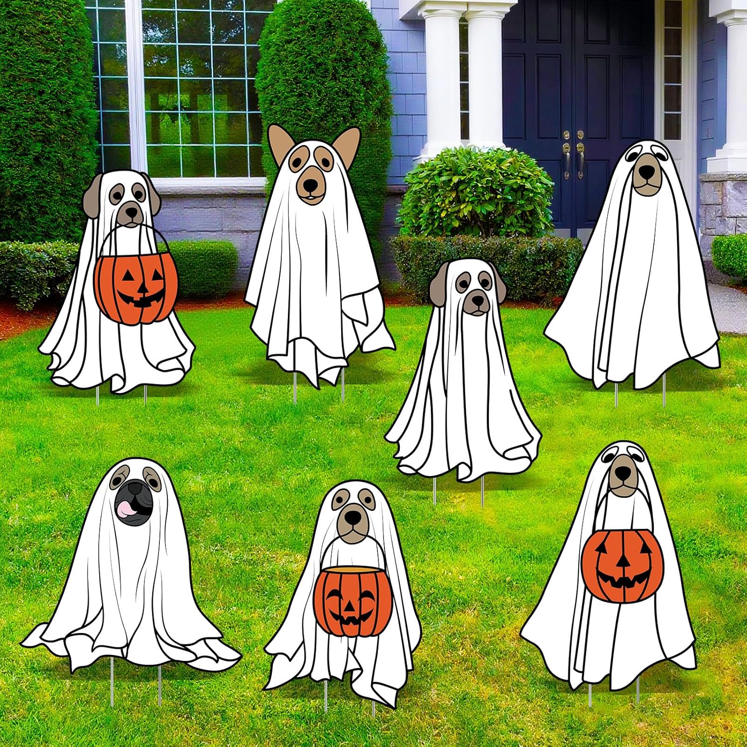 Nuanchu 7 Pcs Halloween Yard Outdoor Decorations Ghost Cat Yard Signs Corrugated Plastic Ghost Cat Pumpkin Lawn Sign with Stakes Waterproof Halloween Garden Stakes for Outside Scary Spooky Decor