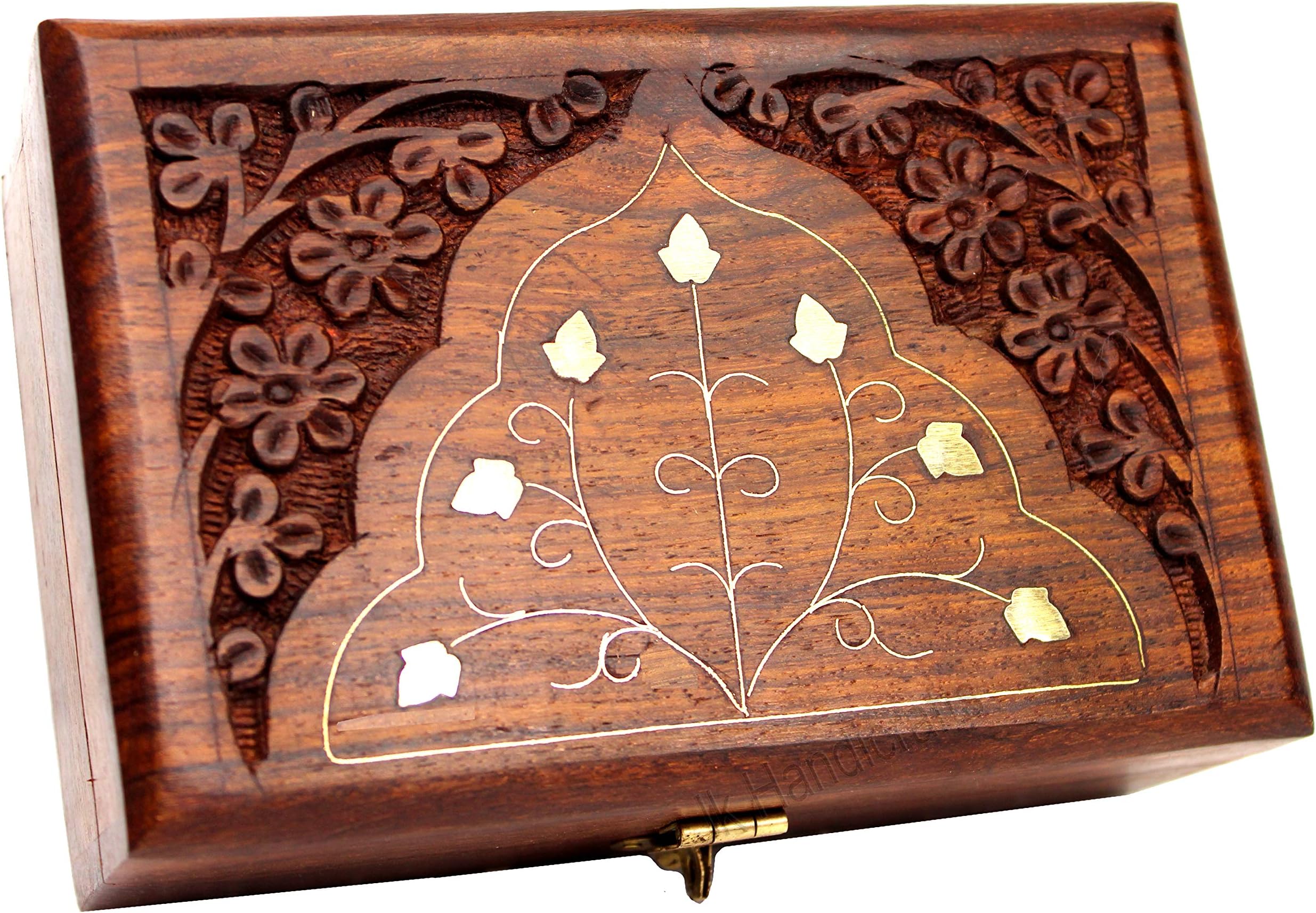 Jk Handicrafts Handmade Wooden Jewellery Box for Women Wood Jewel Organizer Hand Carved with Intricate Carvings Gift Items - 6 inches (Brown02)
