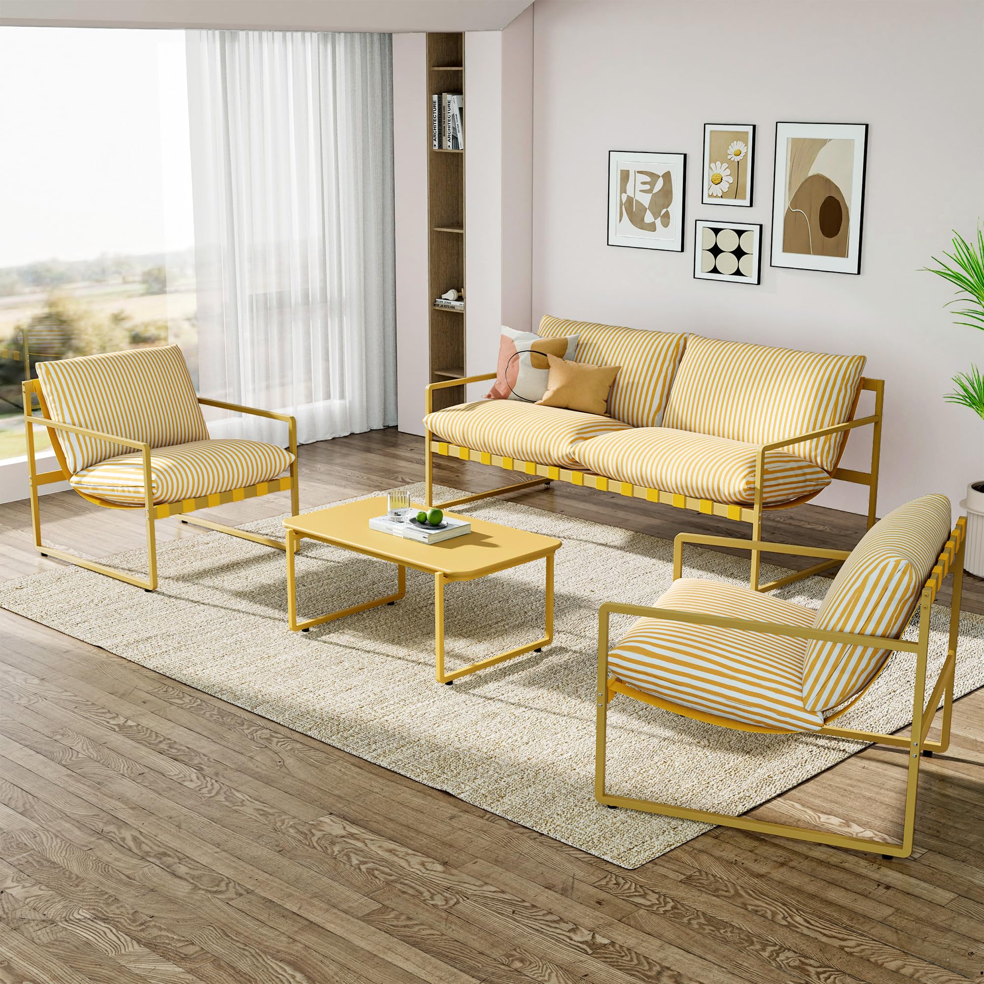 Grand patio Gartenmöbel 4er Set, Balkonmöbel Set 4 Personen mit Kissen, Lounge Möbel Outdoor mit Gartensofa, 2 Sessel, Tisch, Terassenmöbel Sitzgruppe Loungemöbel für Garten, Außen, Drinnen (Gelb)