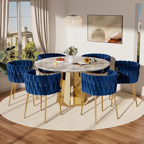 Miniatura 24 de Moderno juego de mesa redonda de comedor para 4, juego de mesa de comedor de mármol blanco de 5 piezas, mesa de comedor dorada de lujo y 4 sillas