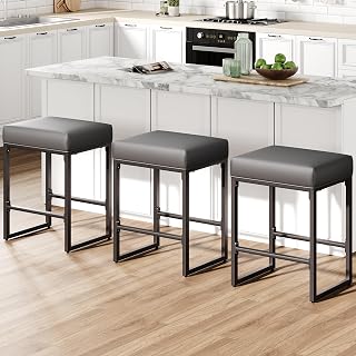 24 Inch Bar Stools Set of 3, Counter Height Bar Stools for Kitchen Island, Synthetic Leather Backless Barstools with Thick Seats & Sturdy Metal Frame, Counter Stool for Kitchen & Bar, Black