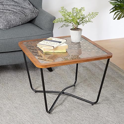 Christopher Knight Home Lyle Industrial Coffee Table with Geometric Glass Top, 23.6" Square Modern Accent End Sofa Side Table for Living Room, Black Finish with Rustic Wood Edge, Brown+Black