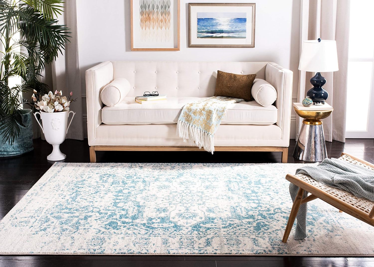 SAFAVIEH Madison Collection Area Rug - 9' x 12', Teal & Ivory, Snowflake Medallion Distressed Design, Non-Shedding & Easy Care, Ideal for High Traffic Areas in Living Room, Bedroom (MAD603J)