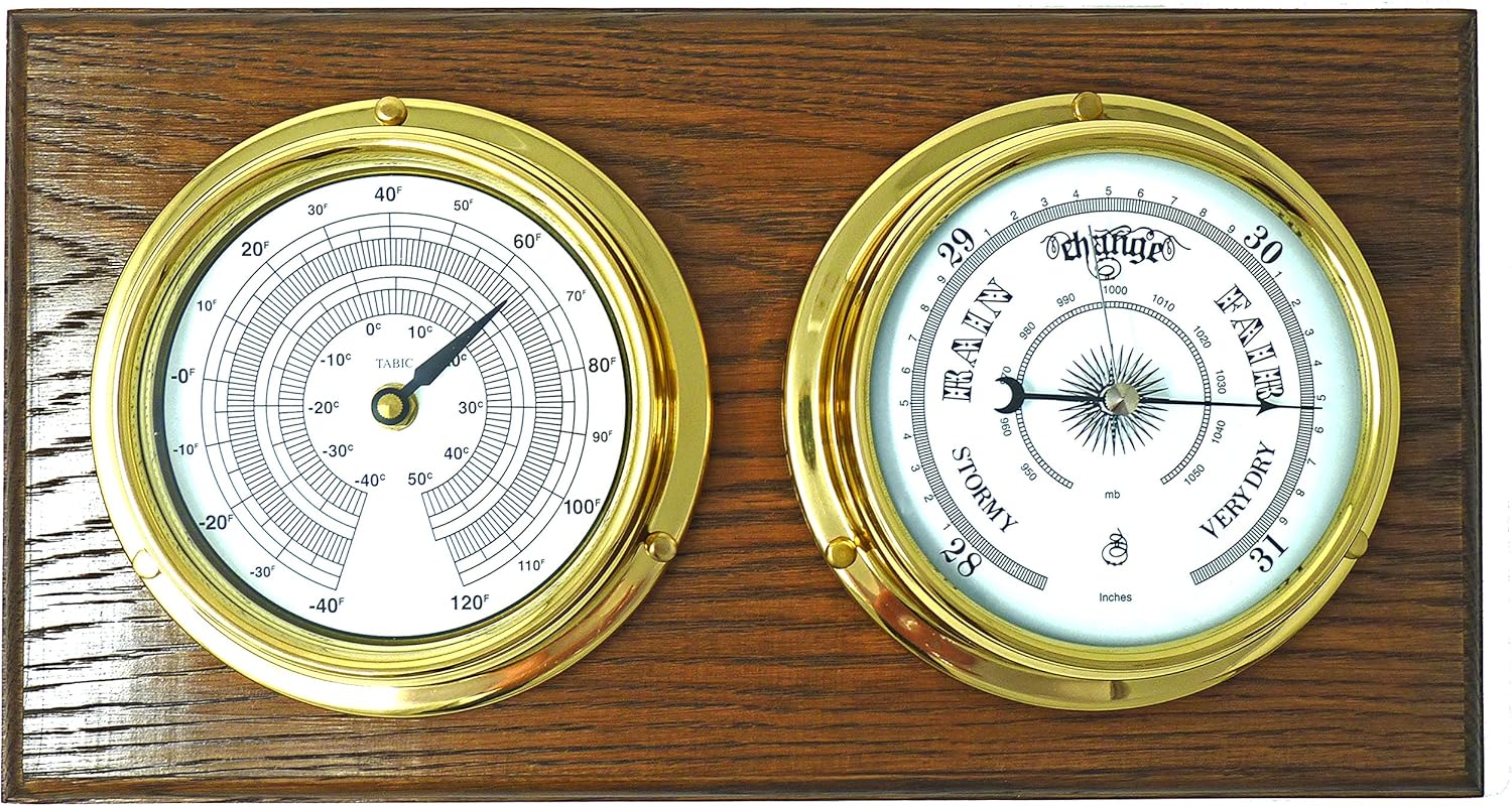 Traditional Brass Barometer and Thermometer on an English Oak Mount, Heavy Lacquered Brass Case (1/2kg), Ships Sailing Yacht Boat Weather Wall Clock, Solid English Oak Mount, Handmade in England