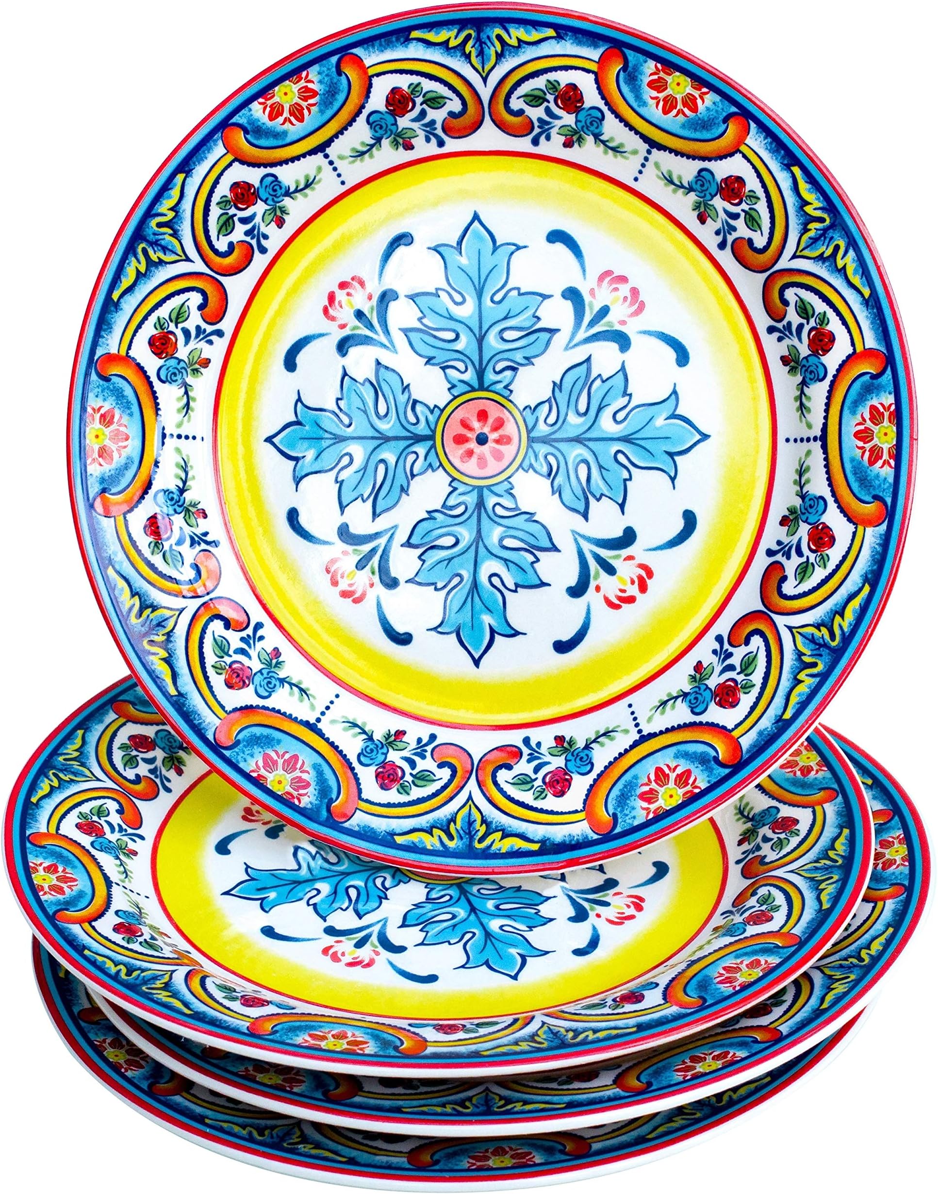 Euro Ceramica Zanzibar Ceramic 8" Salad Plate (Set Of 4) Blue Multi Color Yellow Floral Casual Traditional Round 4 Piece Handmade Microwave Safe