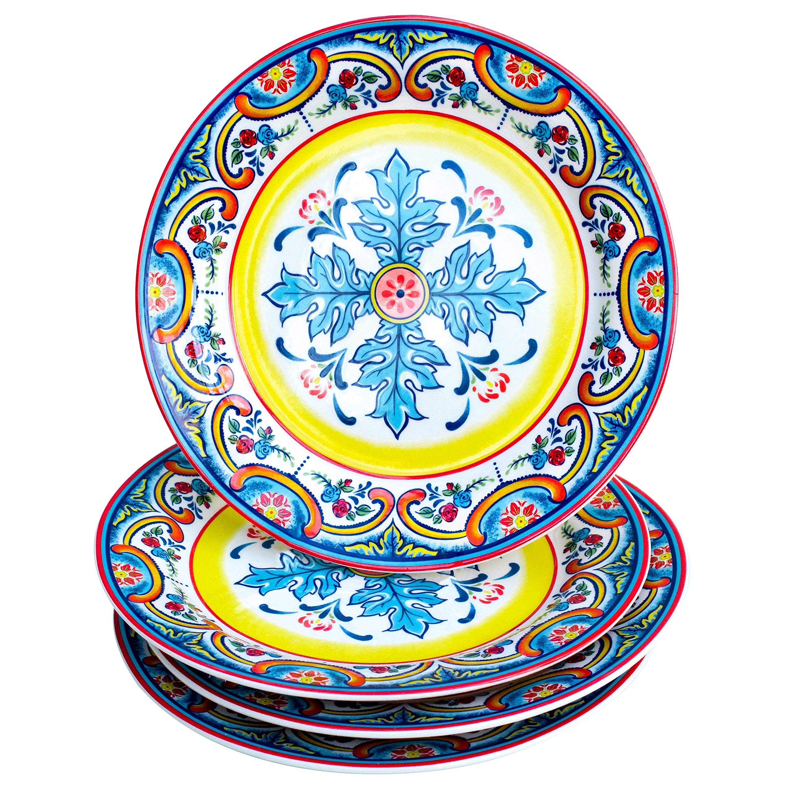 Euro Ceramica Zanzibar Ceramic 8" Salad Plate (Set Of 4) Blue Multi Color Yellow Floral Casual Traditional Round 4 Piece Handmade Microwave Safe