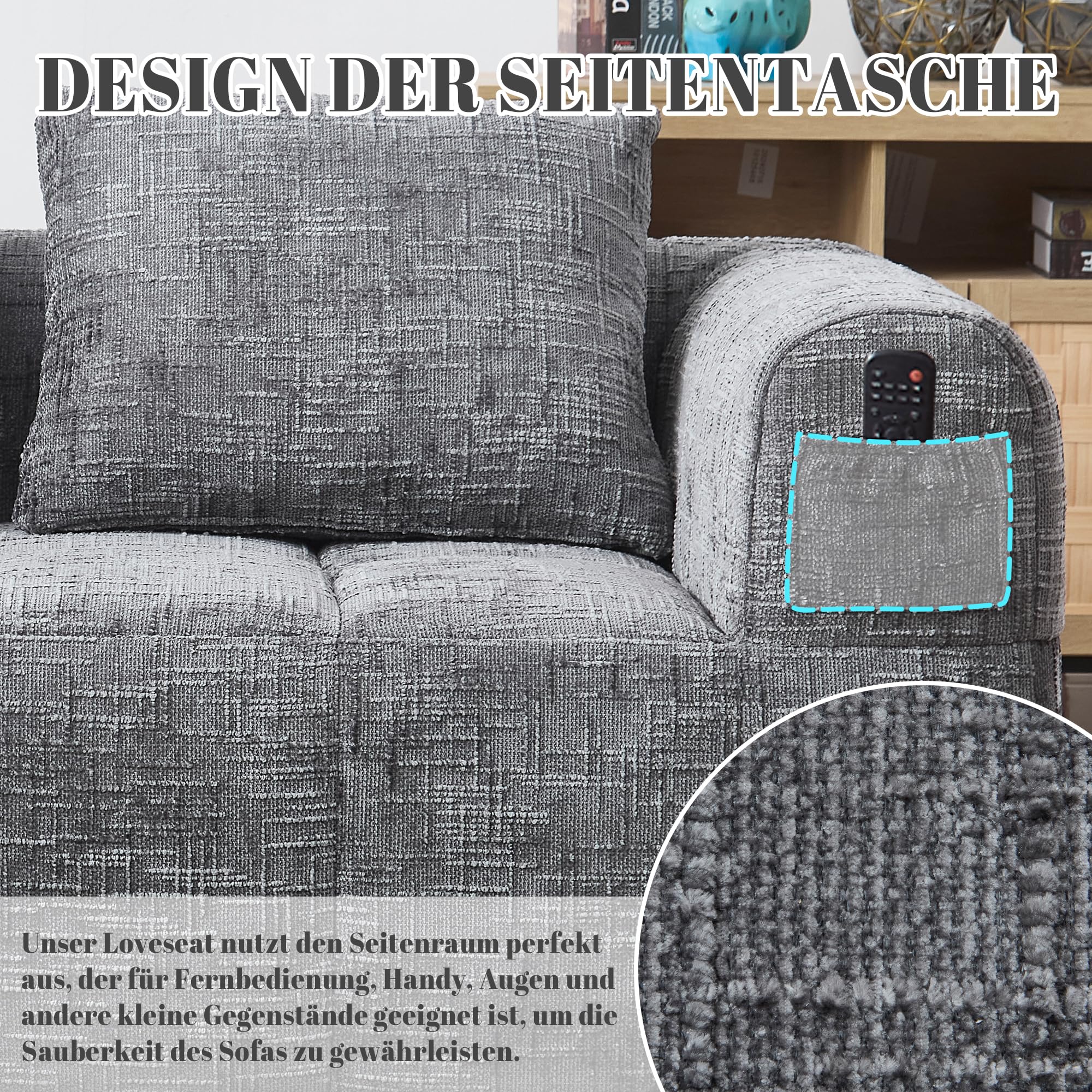 YESGIGA Bequemes Chaiselongue-Sofa, kein Zusammenbau erforderlich, weiches Sofa mit Kissen, Seitentaschen für Fernbedienung und Mobiltelefon (Grau 2 Sitzer)