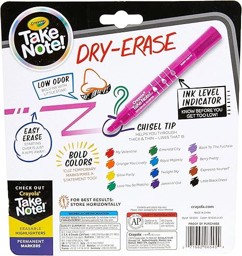 Miniatura 9 de Crayola Take Note Marcadores de Borrado en Seco para la Escuela (12 unidades) Suministros para Maestros, Marcadores de Pizarra Blanca con Punta
