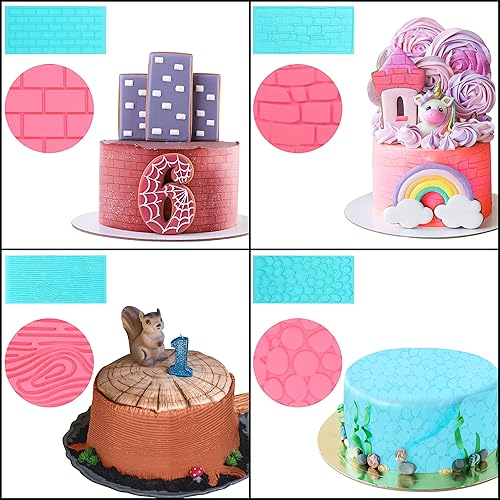 Miniatura 5 de Kurtzy Juego de 4 moldes de plástico para glaseado de chocolate con fondant, diseño de ladrillo, madera, adoquines y piedras, juego de moldes
