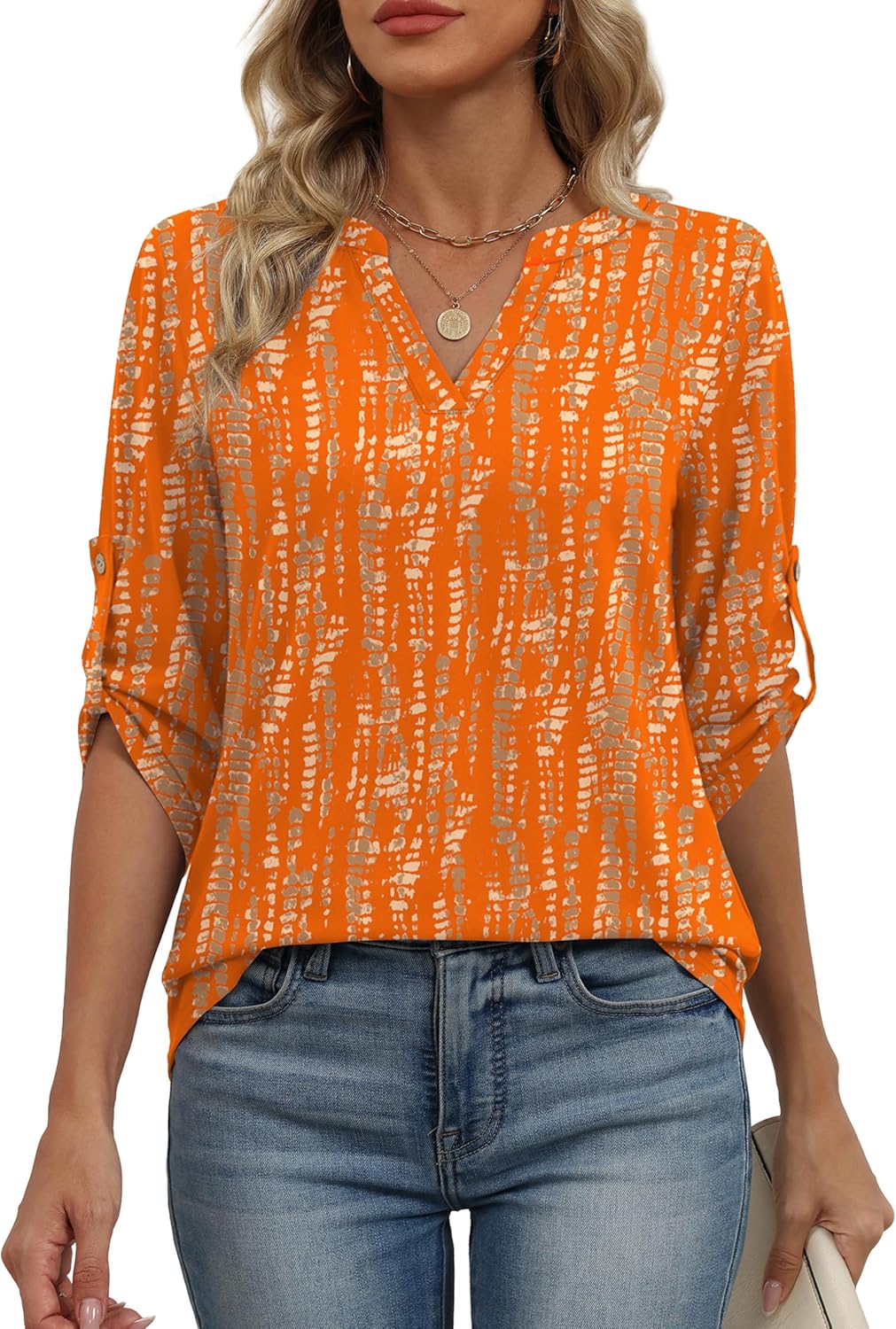 XIEERDUO 3/4 Length Sleeve Womens Tops V Neck T Shirts Both Side Buttons Blouses Business Casual Outfits Loose Fit - Image 3