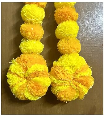 Sphinx artificial marigold fluffy flowers round bottom garlands/strings/latkans for festive pooja wedding housewarming decorations Approx. 1.75 ft - (Yellow & Light Orange, 4)