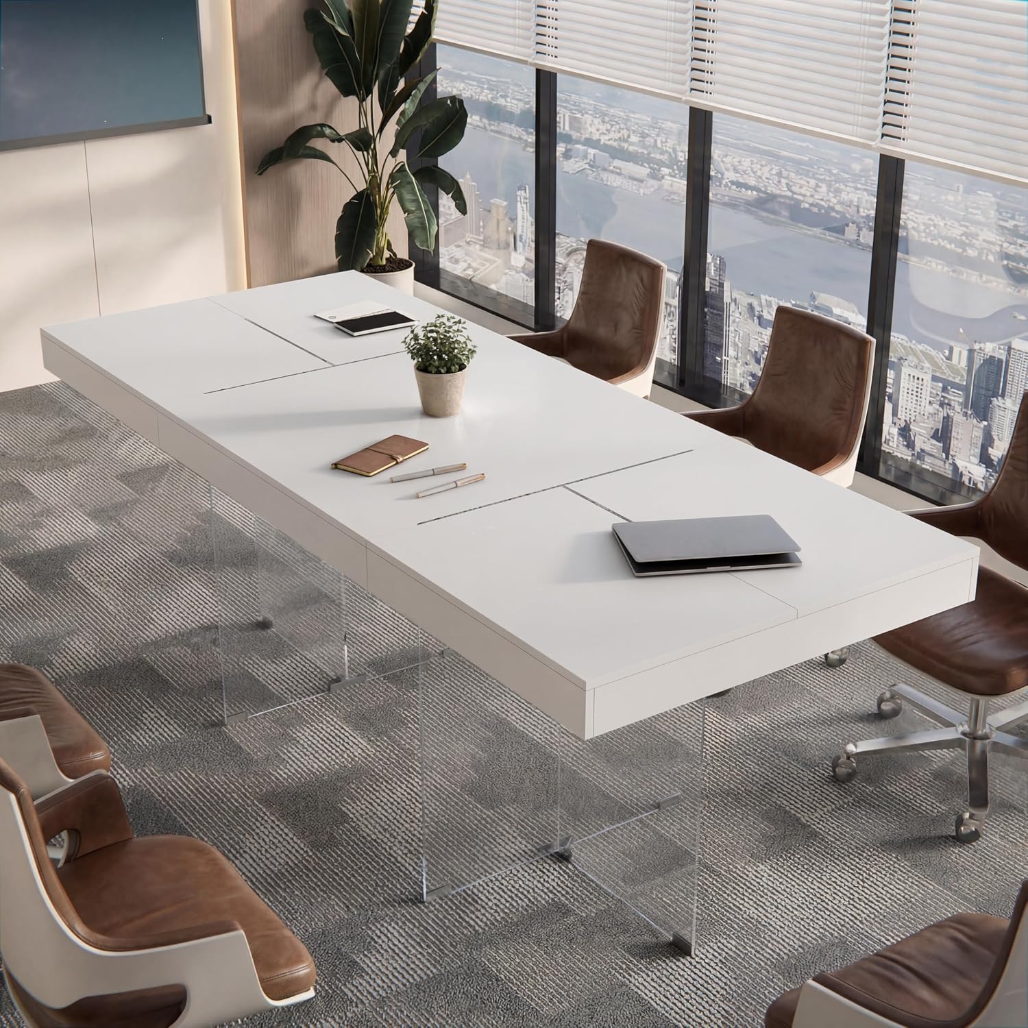 78.7" L Conference Table for 6-8 People, Wood Rectangular Meeting Room Desk with Glass Legs, Modern Seminar Table for Office Conference Room, White