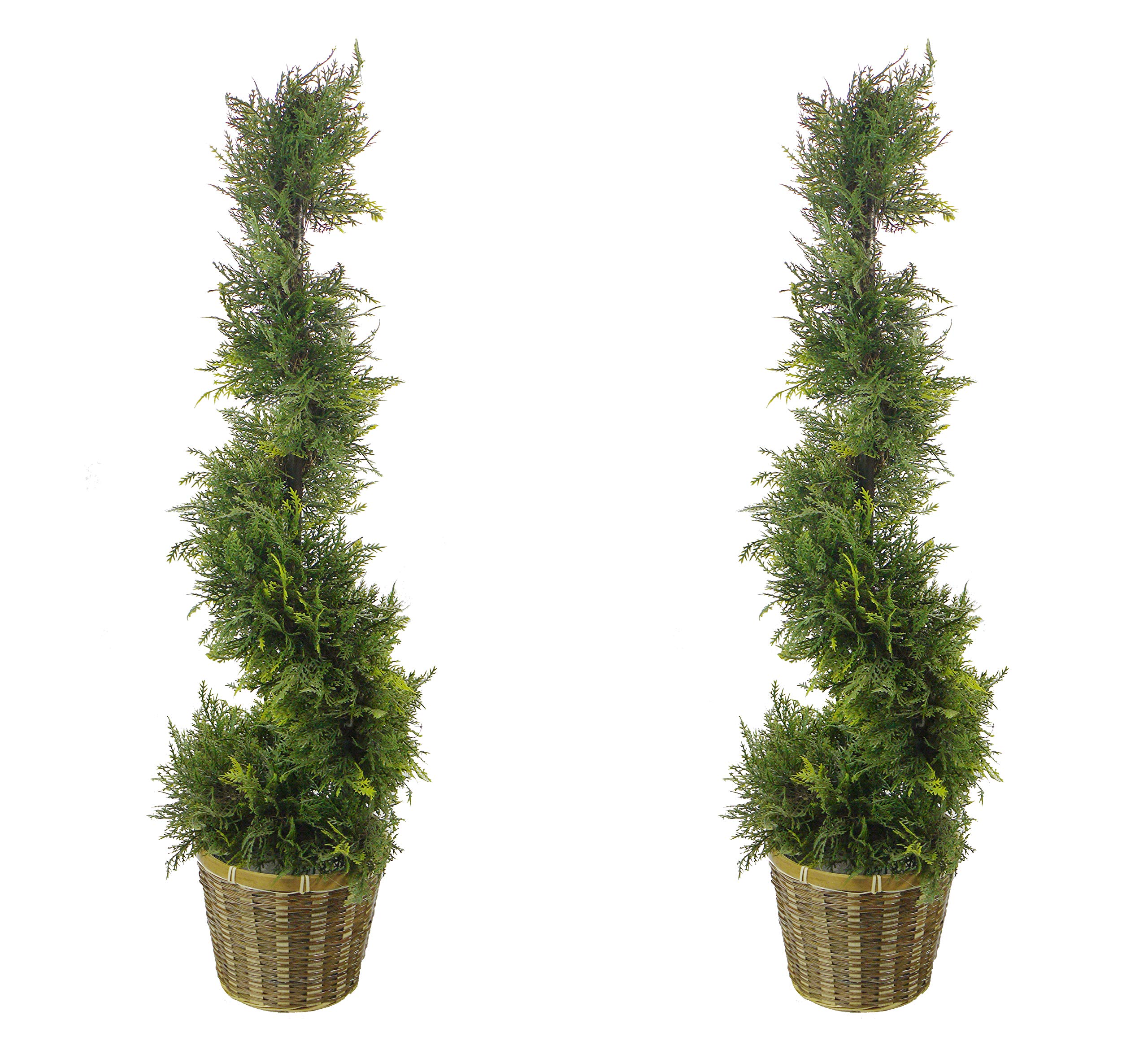 Admired By Nature 36 Inch Artificial Cypress Plants Spiral Shape Topiary Plant Tree W Planters, for Home Décor, Front Porch Indoor Outdoor, Two Tone Green W Bamboo Basket, ABNT003B-NTRL-2, Set of 2