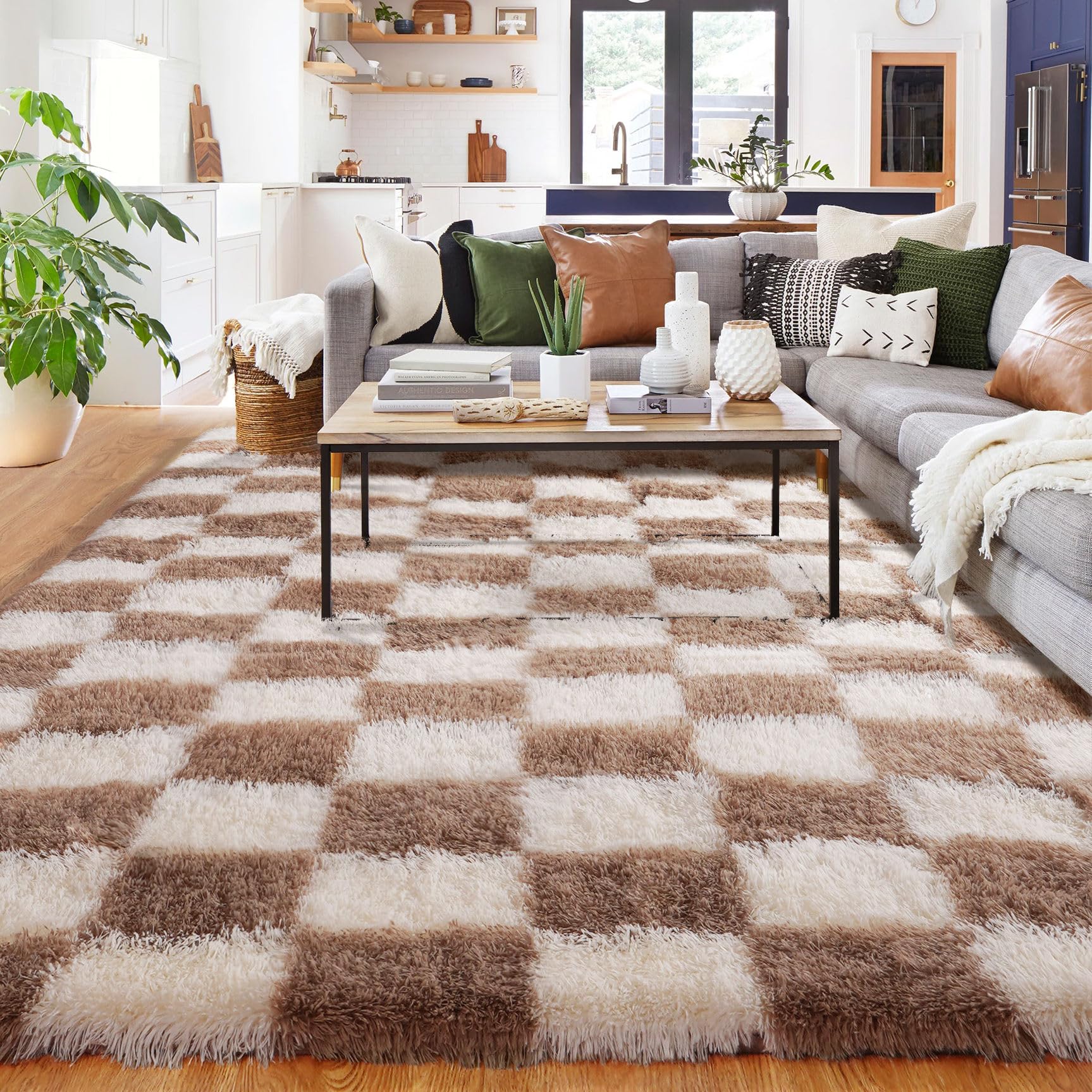 Brown and White Living Room Rug, 180x270cm Large Checkered Bedroom Area Rugs for Kids Baby Room, Nursery, Dorm, Lounge, Thick Soft Fluffy Plush Checkerboard Non-slip Carpet