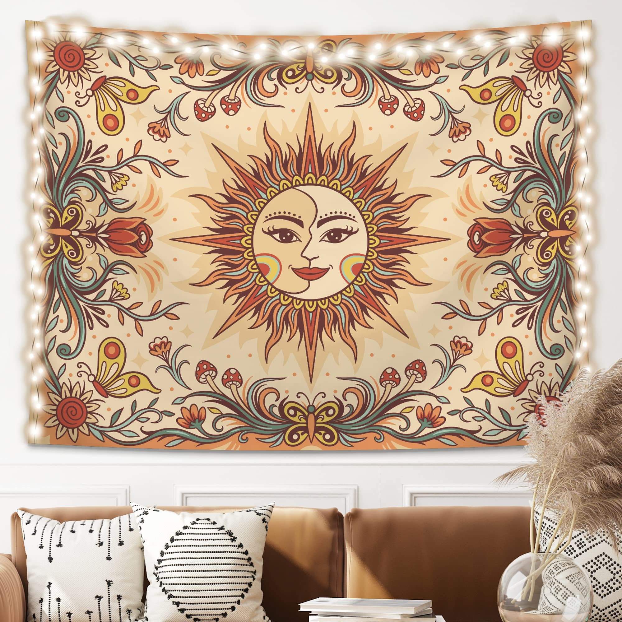 Silent Mind Boho Tapestry ~ Orange Sun and Moon Wall Tapestry, Hippie Tapestry with mushroom & Butterfly Moth, tapestry for bedroom Aesthetic Living Room and Dorm (51" X 59")