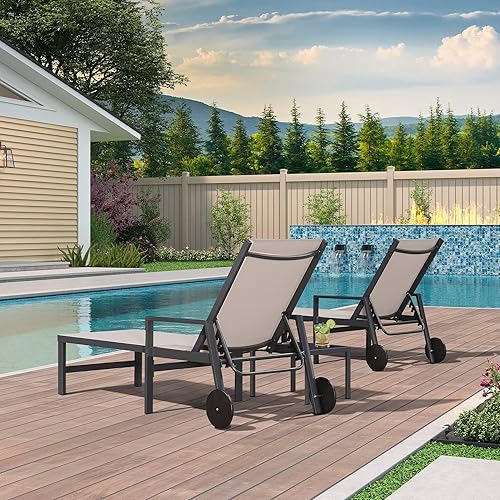 Miniatura 3 de PURPLE LEAF Sillón reclinable de aluminio para exteriores, 2 piezas, con ruedas y reposabrazos, para piscina, patio, playa, color beige