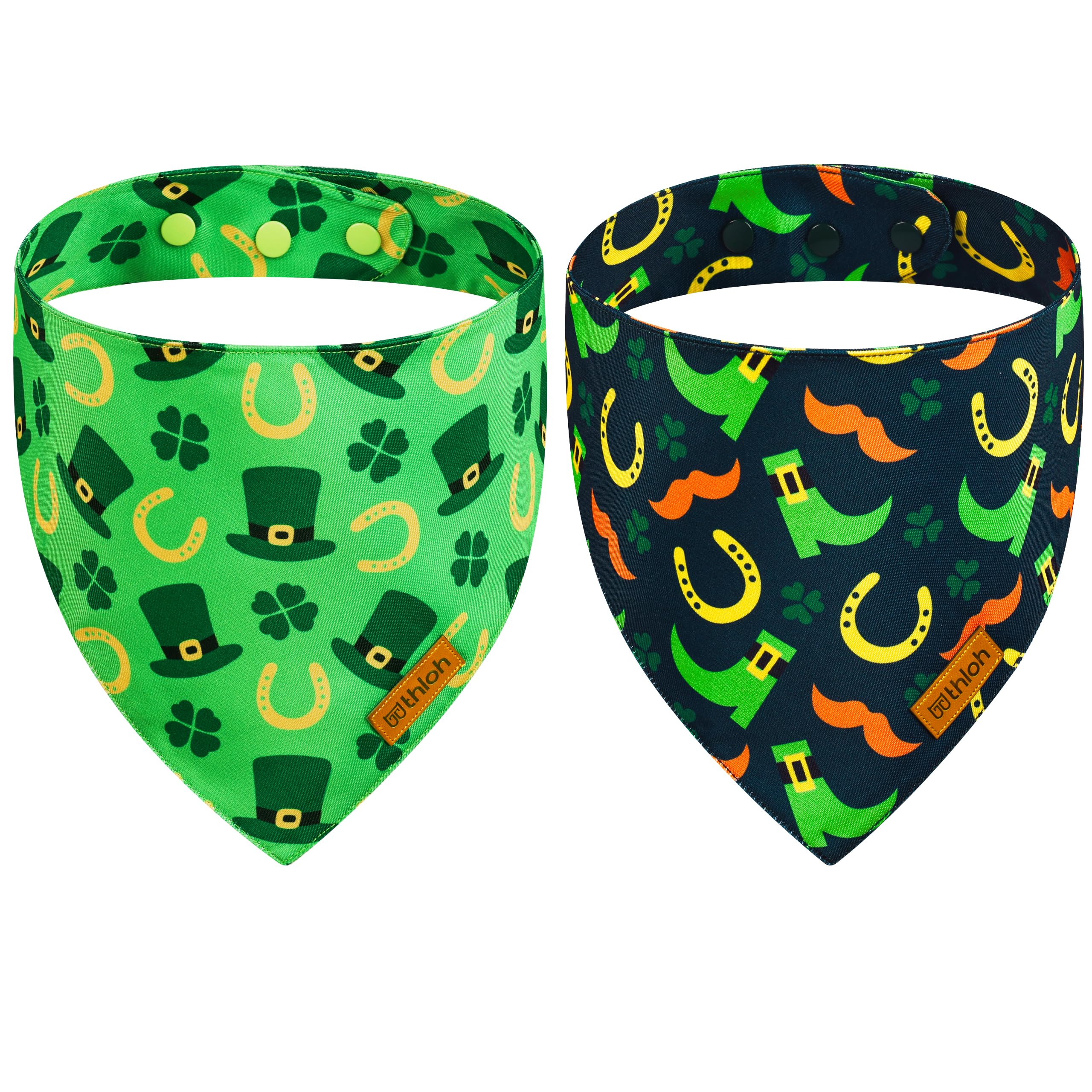 THLOH St. Patrick's Day Dog Bandanas with Snap Button, 2 Pack Reversible Shamrock Dog Scarf for Boy & Girl, Premium Durable Fabric, Gift for Dogs,
