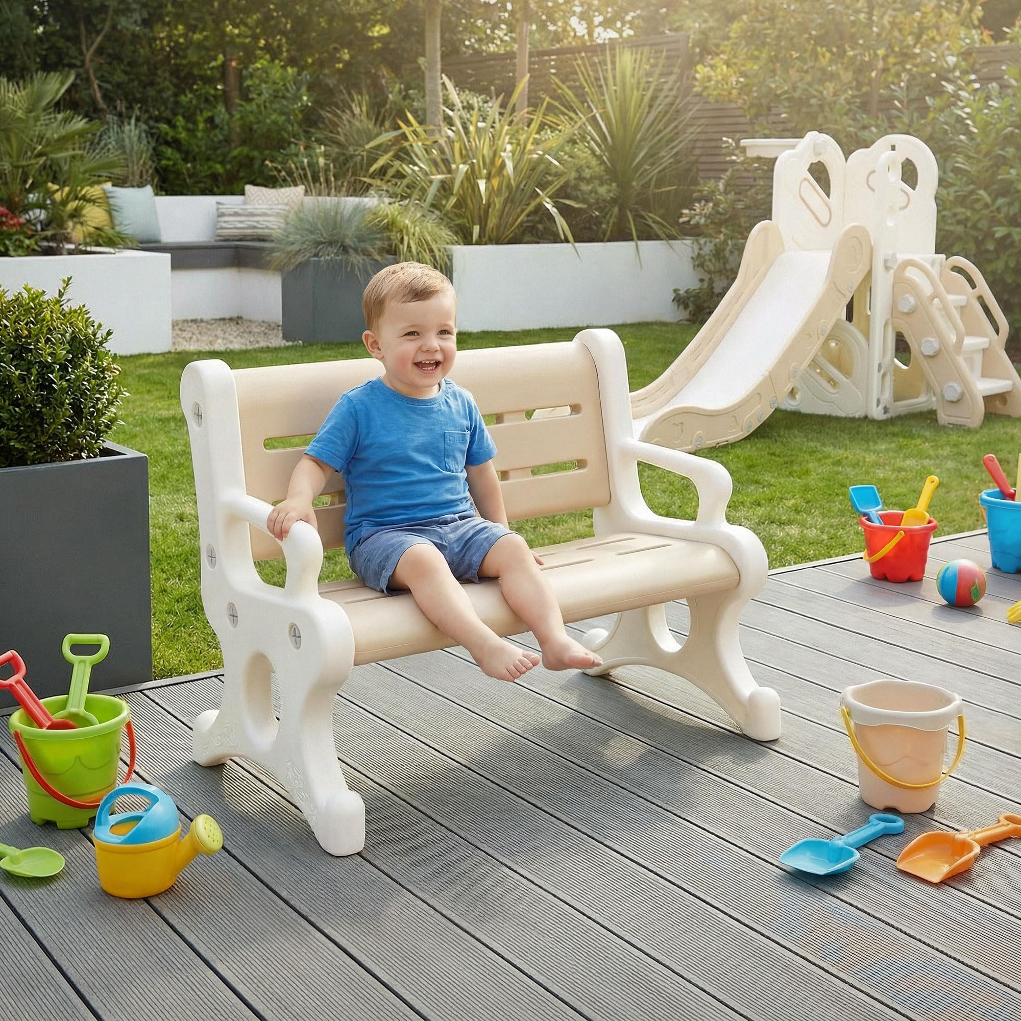 Joyz Banc Enfant Extérieur en Plastique, 2 Places, Dès 3 Ans, Marron et Blanc, avec Accoudoirs, Protection Anti-Basculement & Système d'Emboîtement, Résistant aux Intempéries, 81,5 x 59,5 x 48 cm