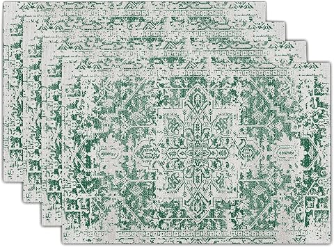 Gray Green Boho Placemats Set of 4 Ethnic Bohemian Carpet Place Mats Washable Kitchen Dining Vintage Grey Geography Floral Linen Table Mats Stain Heat-Resistant for Home Party Indoor 12x18 in