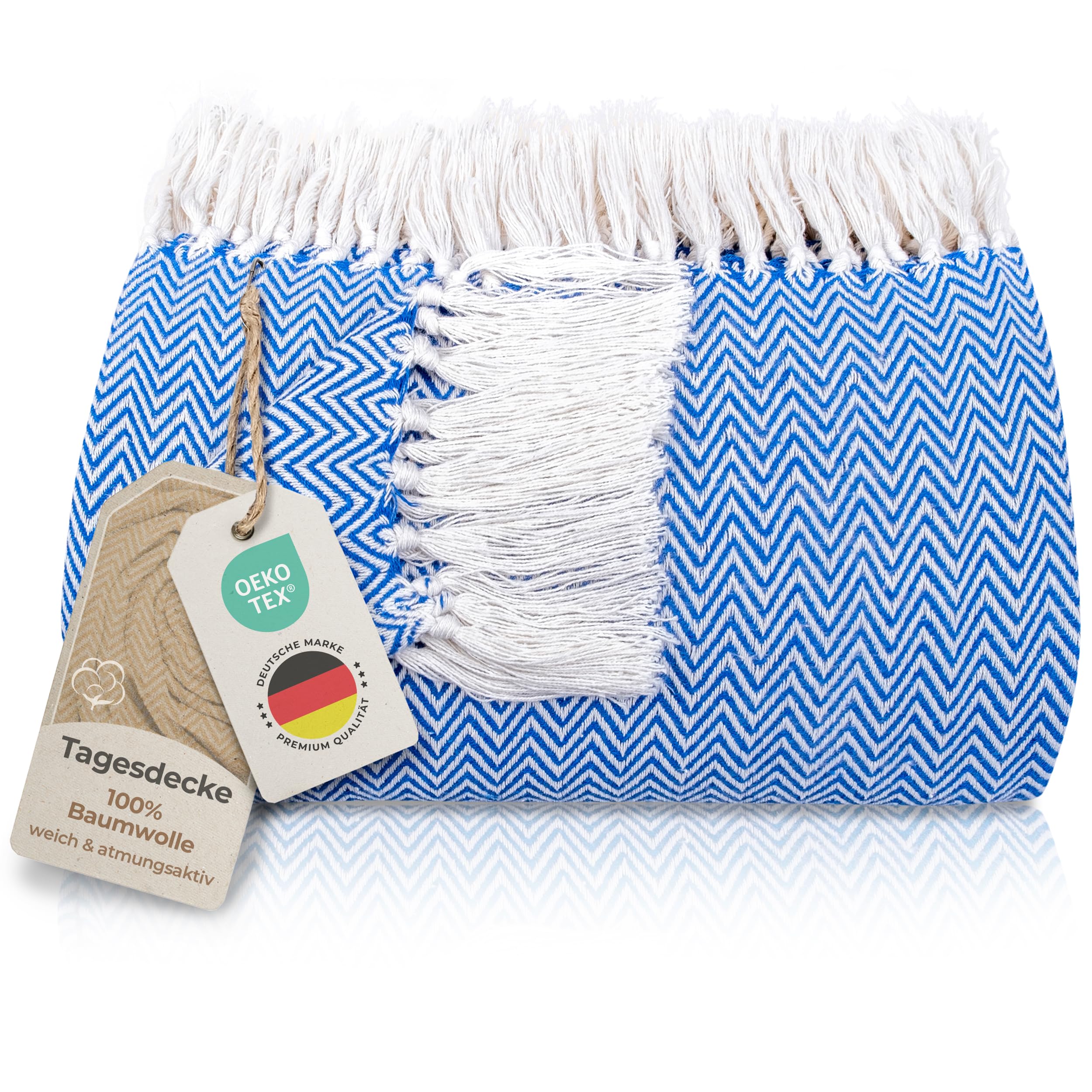 Gräfenstayn Premium Manta sofá con Flecos - 100% Algodón - 150 x 200 cm - Colcha de Verano con patrón de Espiga - Manta de algodón como Manta de Cama, Colcha para sofá (Azúl)