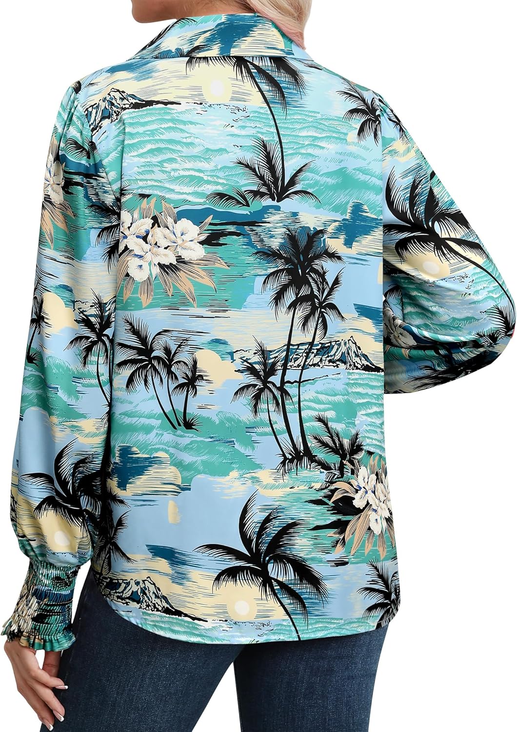 Womens Button Down Hawaiian Shirts Puff Long Sleeve Dressy Casual Floral Printed T-Shirt Trendy V Neck Comfy Boho Blouse Tops - Image 5