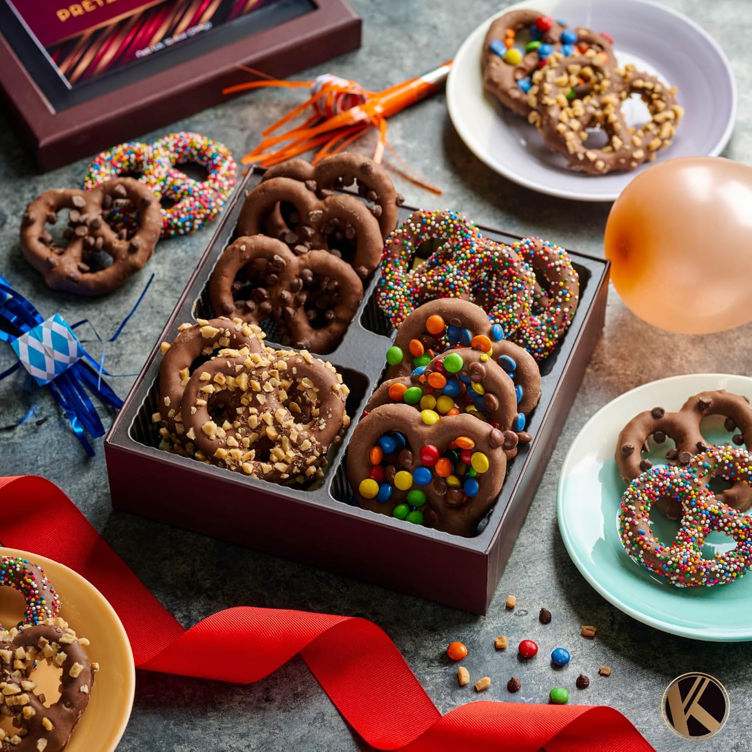 KREMERY Creamy Chocolate Cravings - Easter Chocolate Covered Pretzel Twists Gift Basket with Candied Toppings (12 Pretzels) Sweet Treats in Brown Gift Box Kosher