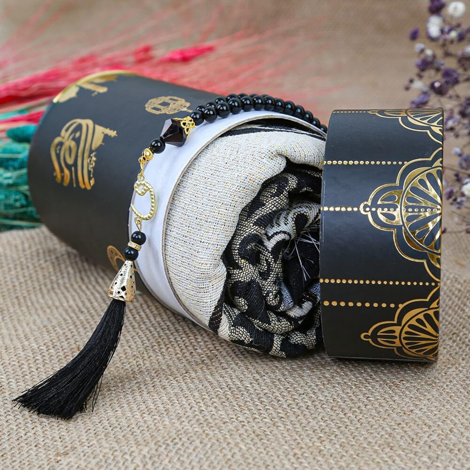 Prayer Rug, Tasbeeh Ramadan Eid Gift Box | Ramadan Kareem Gift Set | Islamic Eid Gift Box | Prayer Mat Misbaha Set For Ramazan | Eid Mubarak Favor (Black)