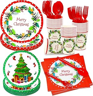 144 Pieces, Christmas Dinnerware Set Disposable - Serves 24 Guest | Christmas Plates Dinnerware Disposable | Christmas Party Plates and Napkins Sets | Disposable Christmas Party Supplies