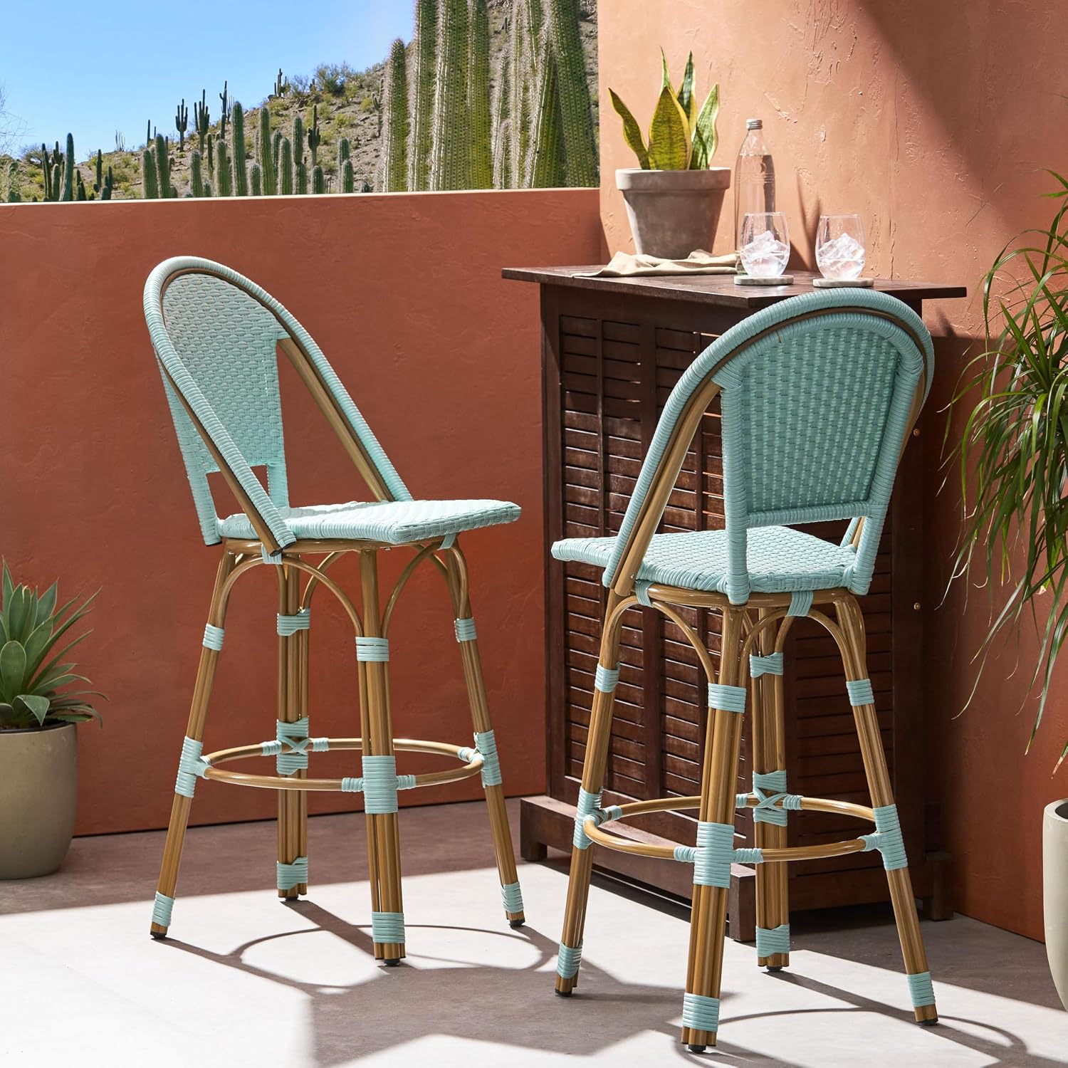 Outdoor Bar Stools Set of 2, Light Teal and Bamboo Finish, 29.5 Inch Seat Height, PE Rattan and Aluminum Frame French Style Barstools for Patio Backyard Cafe
