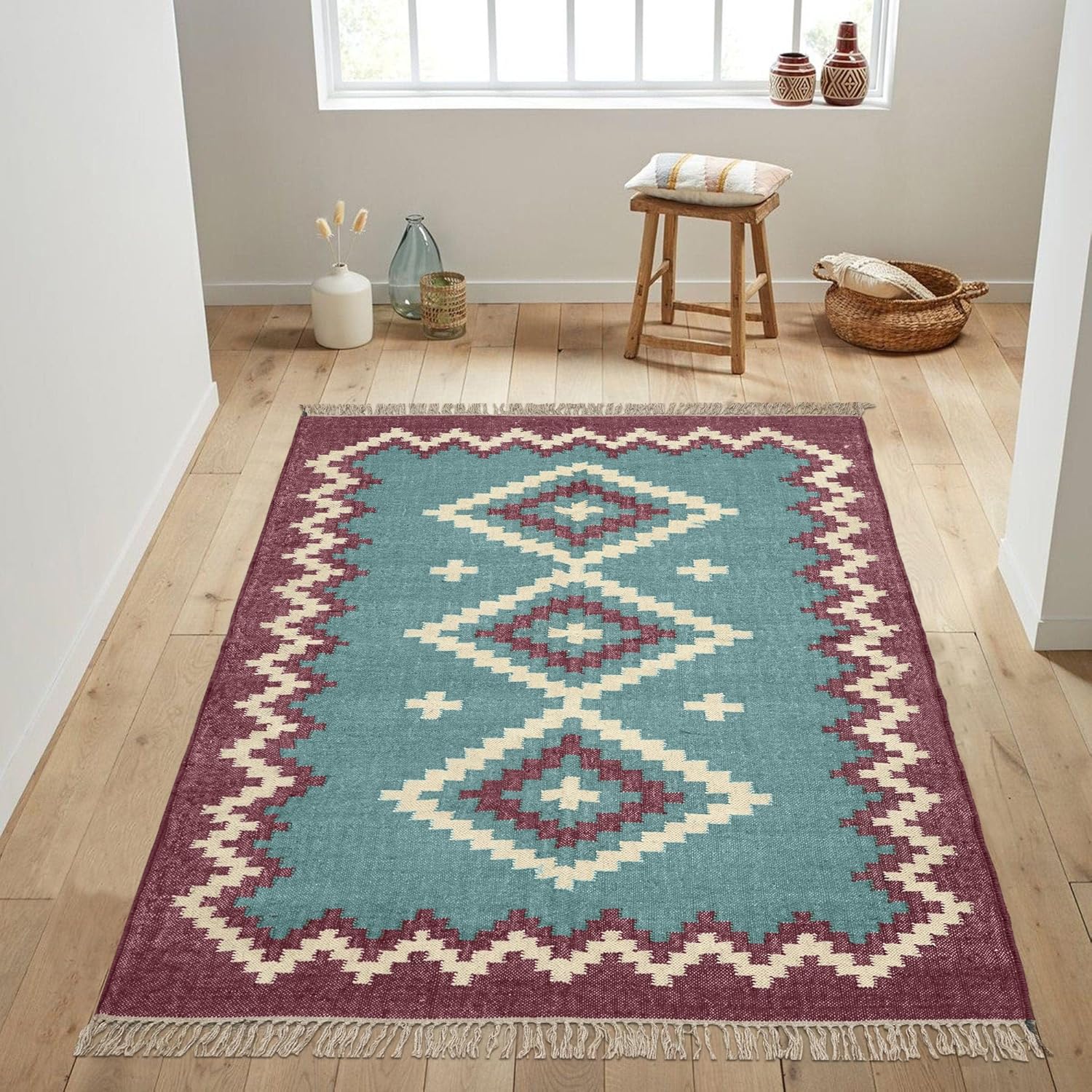 Wool Jute Area Rug 3x5 Area Rug - Turquoise blue, Dull Purple Wool Jute Handwoven Rug Flatweave Rug for Indoor/Outdoor Use High Traffic Area Rug for Lake House Living Room Bedroom Kitchen Dining Room