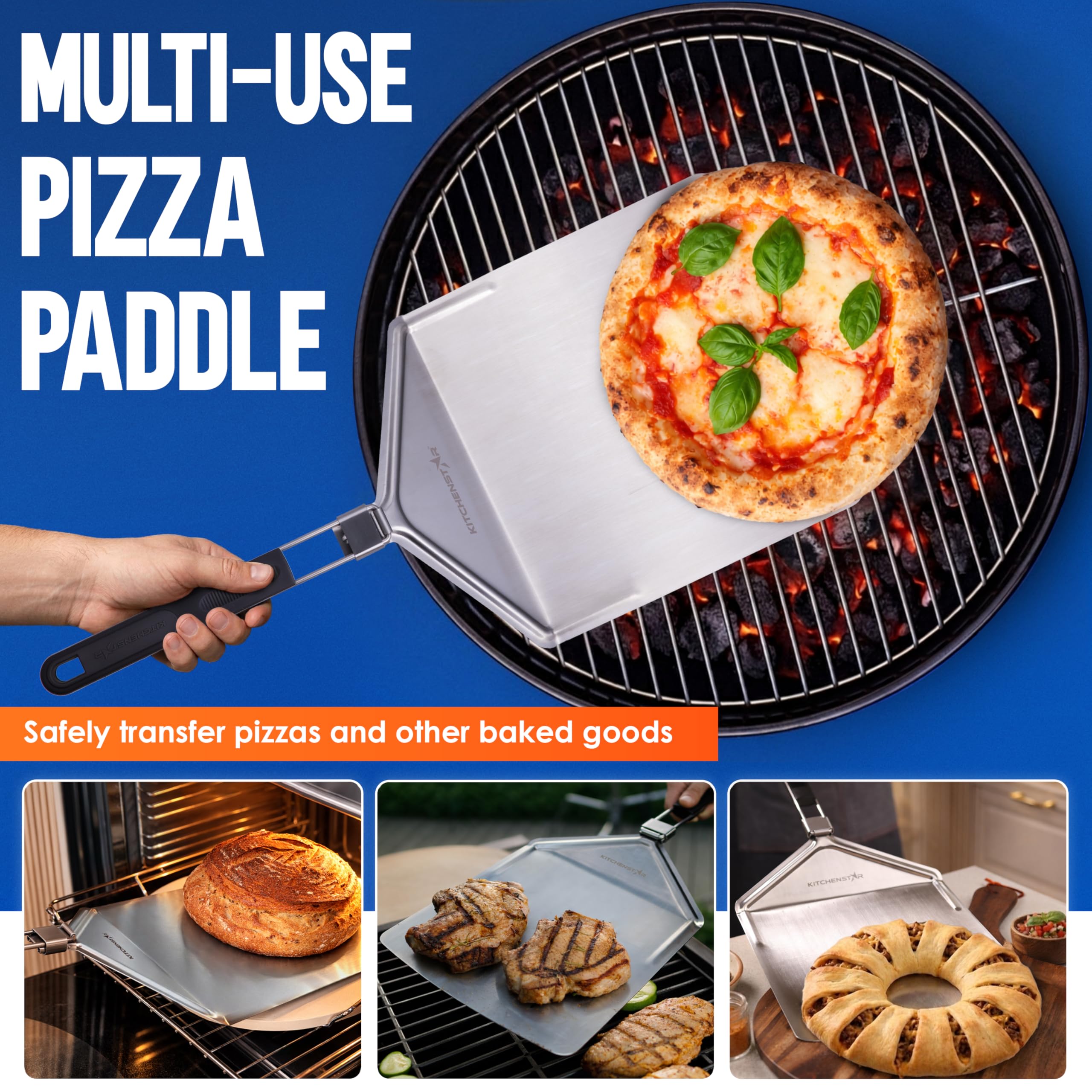 KitchenStar Pala de pizza de acero inoxidable de 12 pulgadas con mango plegable largo (no perforado)
