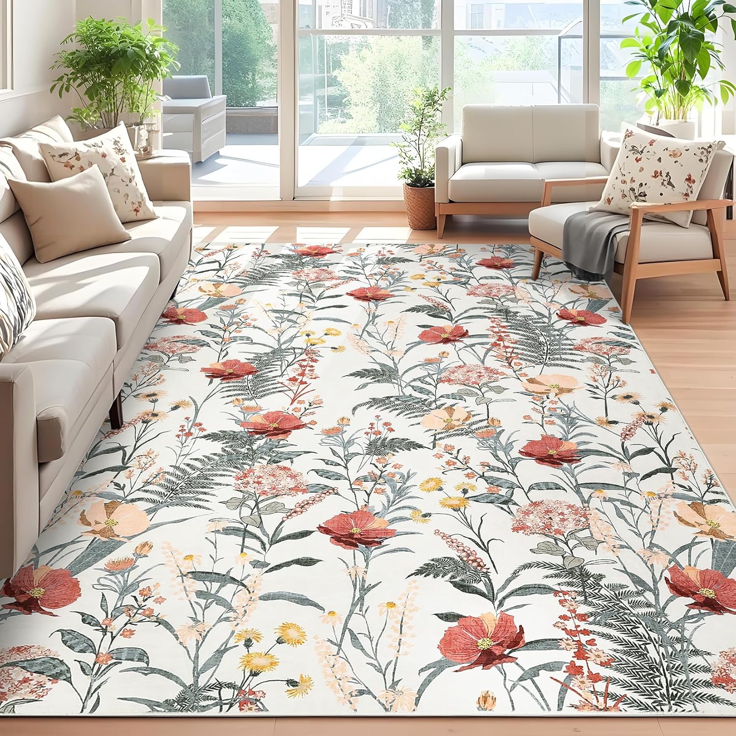 GarveeHome Washable Rugs 5x7 Modern Floral Rug for Living Room Non Slip Large Area Rug for Bedroom Decor Farmhouse Low Pile Stain Resistant Carpet for Office Dining Room Classroom 5 ft x7 ft Beige