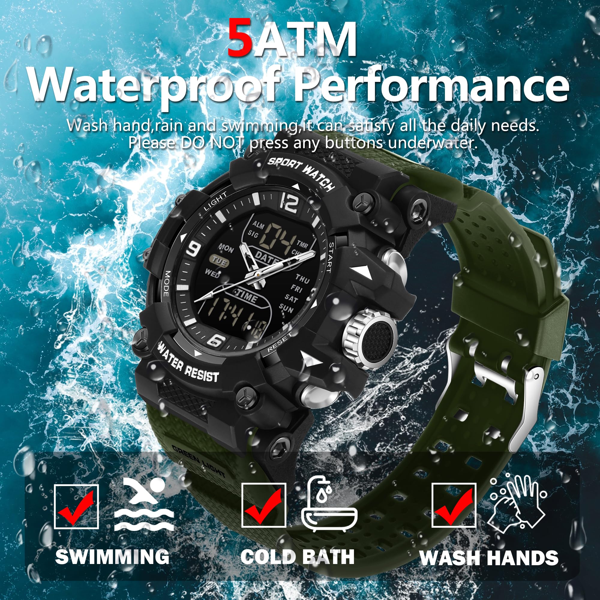 findtime Digitale wasserdichte Sportuhr für Herren, großes Zifferblatt, Alarm, Stoppuhr, Countdown, taktische Herren-Armbanduhr für Herren, leuchtende Outdoor-Laufuhr