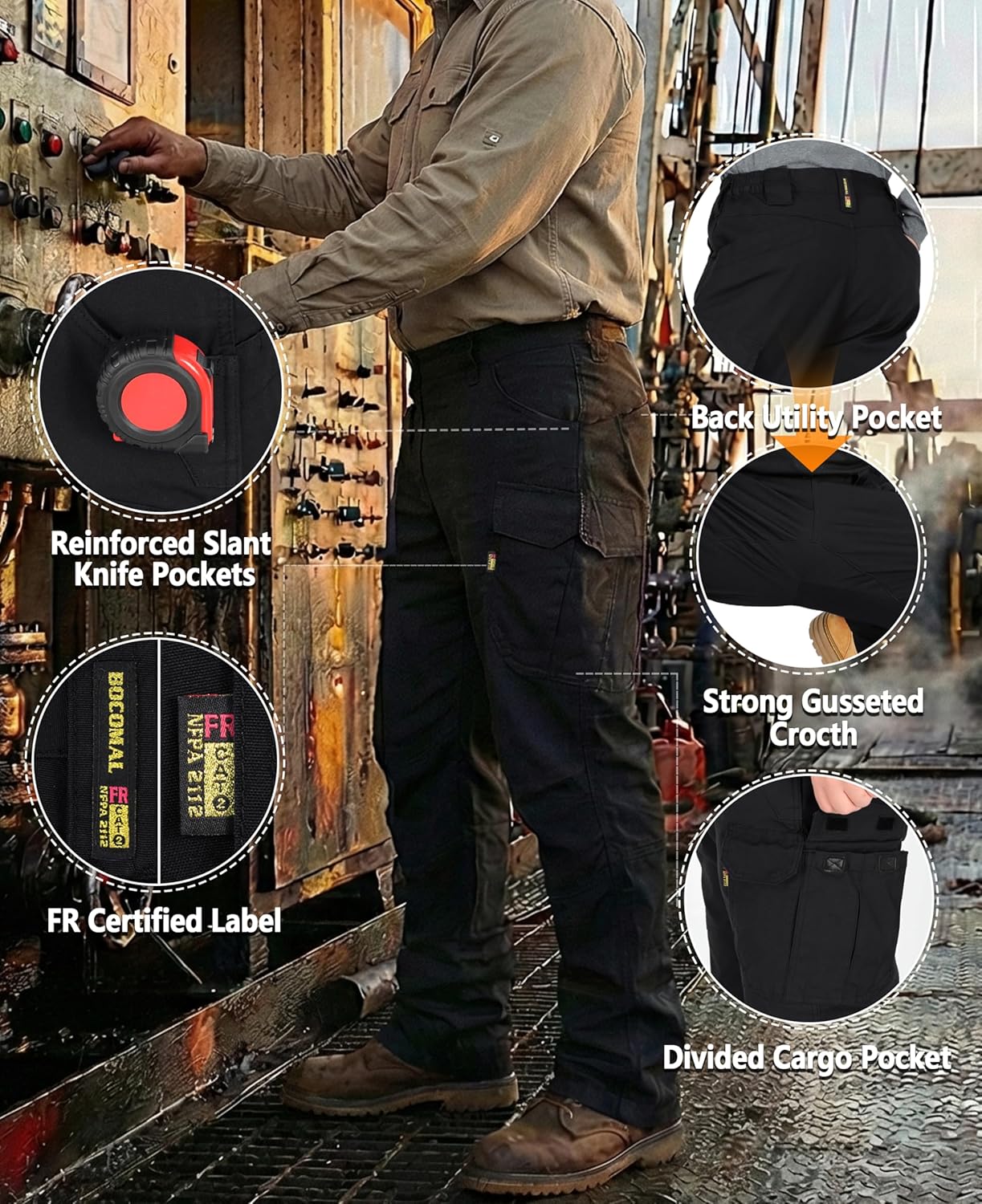 BOCOMAL FR Pants for Men Cargo Pockets Dura-Stretch Rip-Stop Soft Flame Resistant Reinforced Work Jeans Relaxed Fit - Image 6