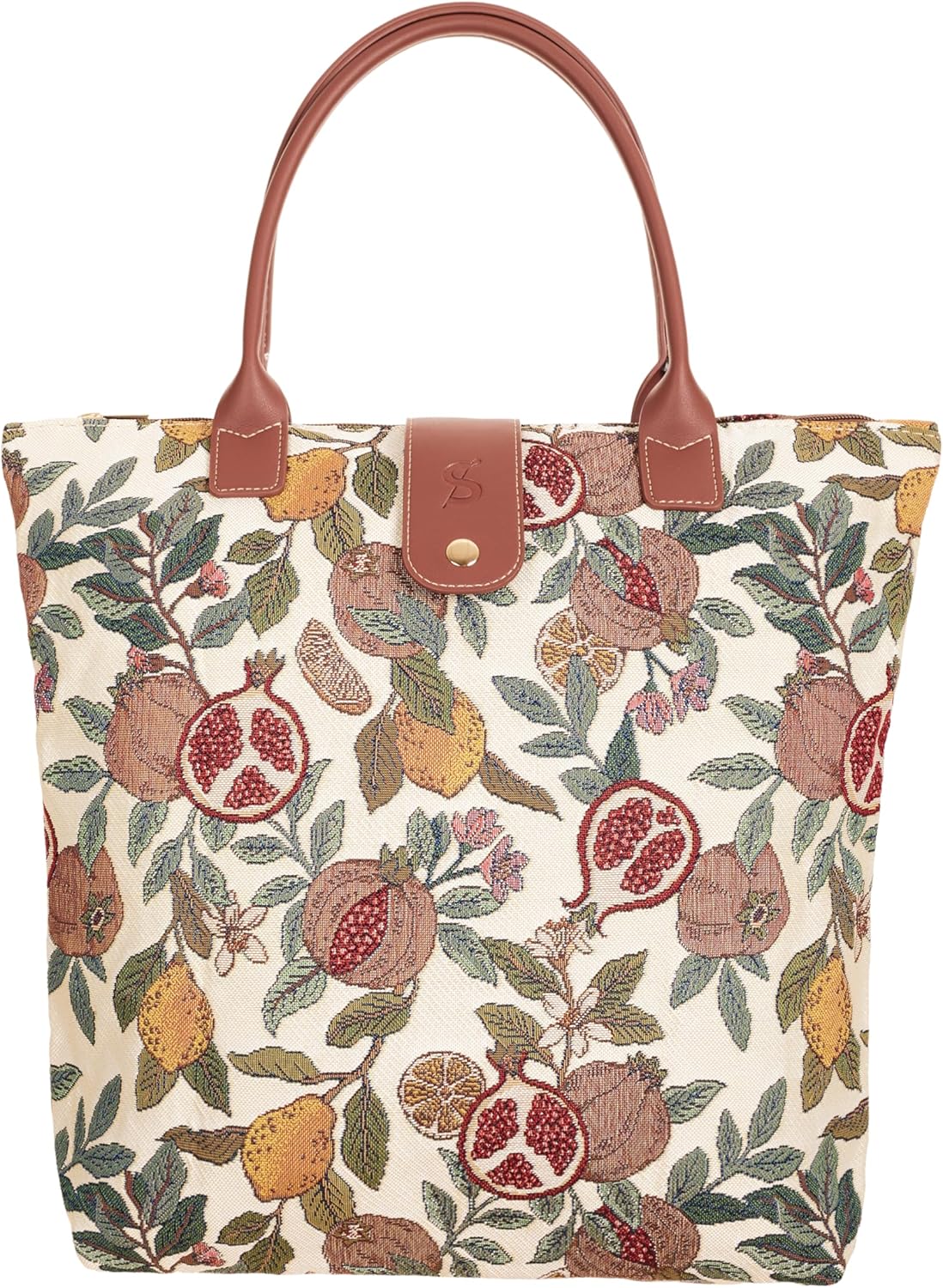 Signare Tapestry Foldable Tote Bag Reusable Shopping Bag Grocery Bag in Pomegranate Lemon Design (FOLD-POMEGRA)