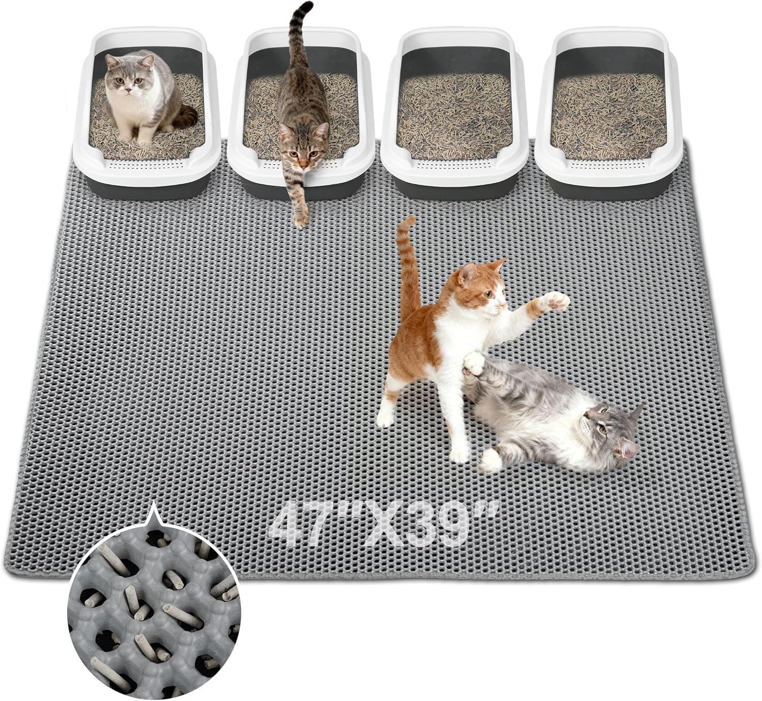 Jumbo Cat Litter Mat (47" x 39"), Double layer, Waterproof, Non-Slip, Odor-Free, Easy to clean, Gray