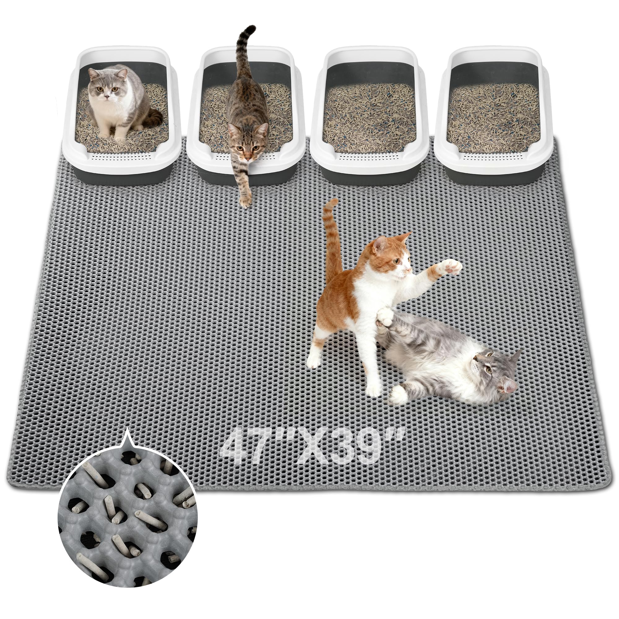 Zyusora Jumbo Cat Litter Mat (47" x 39"), Double layer, Waterproof, Non-Slip, Odor-Free, Easy to clean, Gray