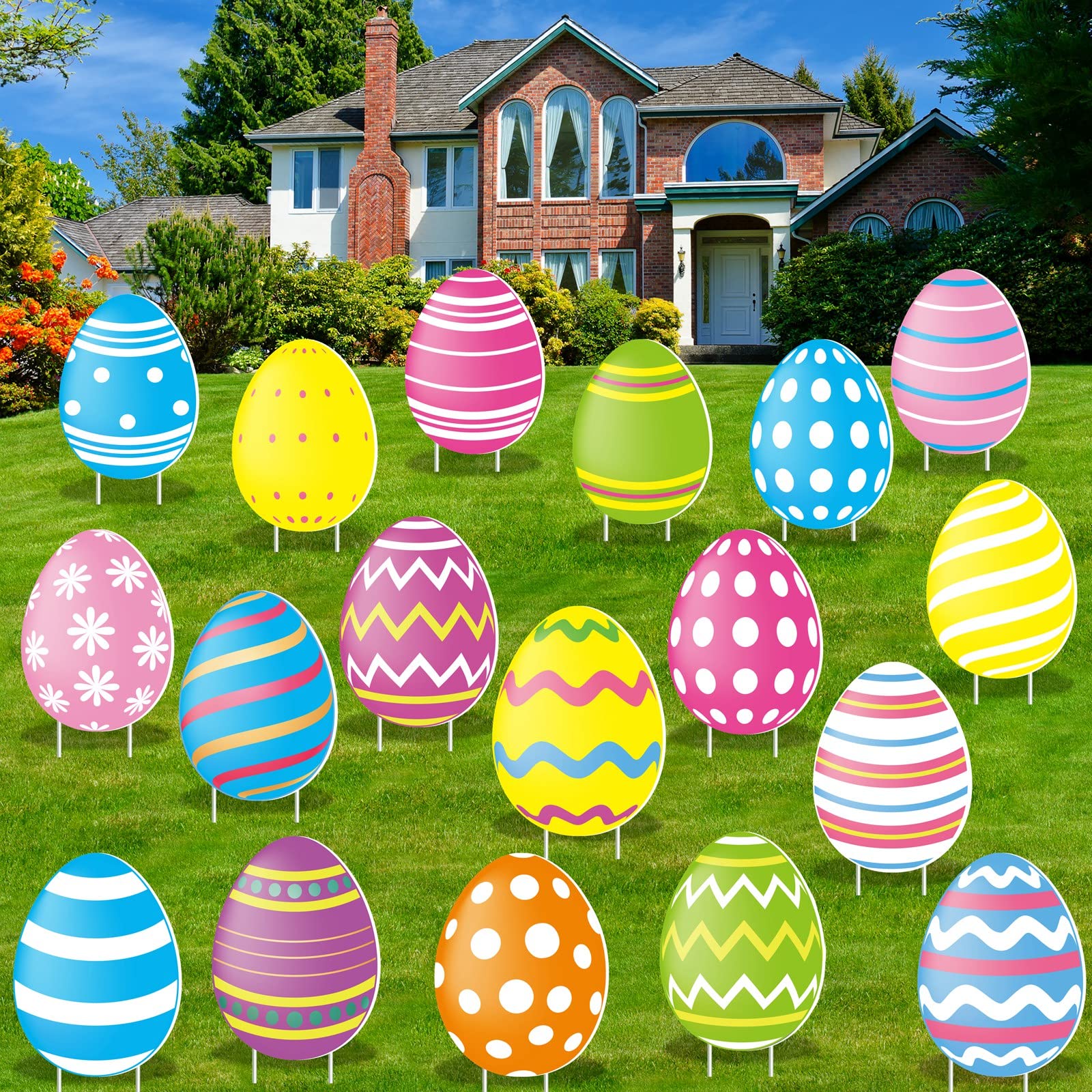 Photo 1 of 18 Pieces Easter Colorful Eggs Yard Signs with Stakes and String Double-Side Print Outdoor Easter Spotted Eggs Yard Decorations Waterproof Lawn Decorations for Easter Party Supplies