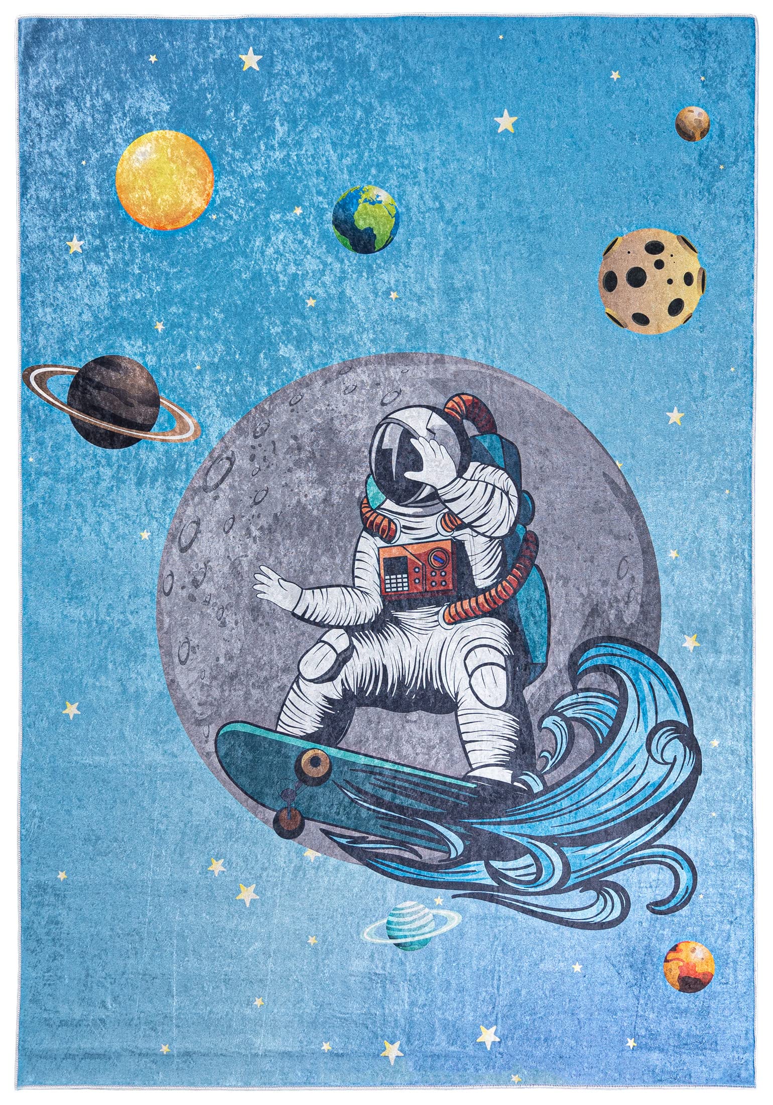 Mazovia Kinderzimmerteppich Antirutsch - Waschbar bis 30 Grad - Planeten Weltraum - Kurzflor Kinderteppich Teppich für Kinderzimmer - ÖKO-TEX - Teppiche Junge Mädchen Blau 160 x 230 cm