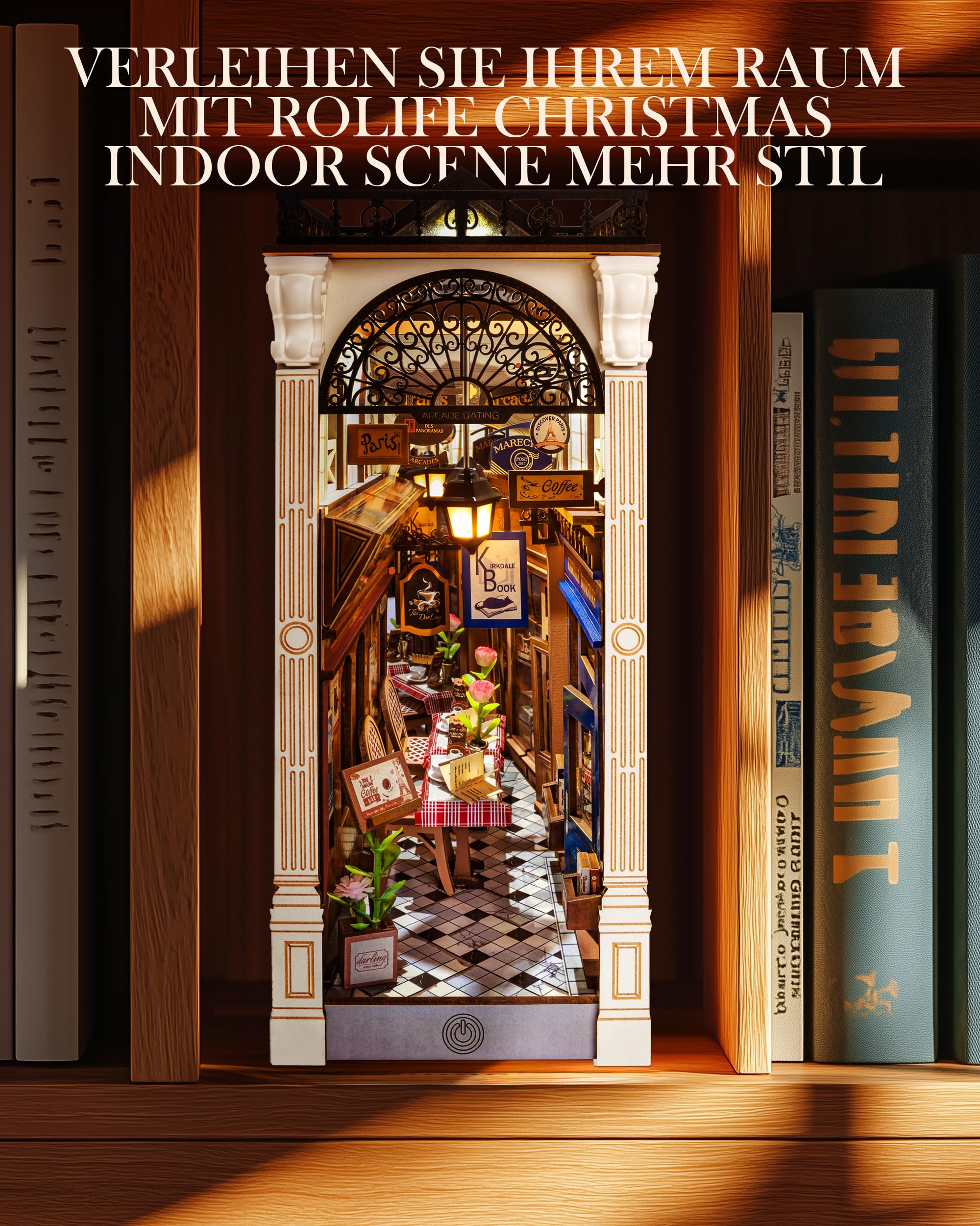 Rolife Book Nook Kit für Erwachsene DIY Miniature House mit Licht für Buchstütze Bibliothek Bücherregal Dekoration Arcade Dating 3D Puzzle Buchstützen aus Holz Erwachsene Booknook
