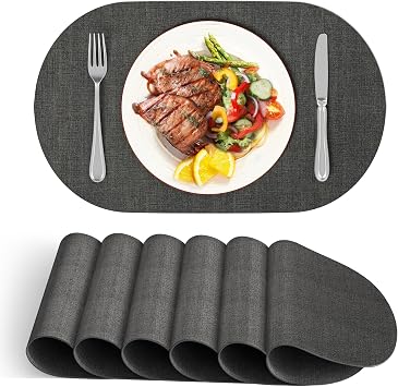 DOLOPL Oval Faux Leather Placemats Set of 6, Reversible Waterproof Heat Resistant & Wipeable Table Placemats, Washable Dining Table Mats for Kitchen Table,Everyday Dining,Gatherings,PartiesCharcoal