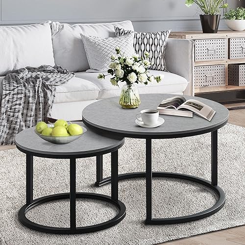 Juego de 2 mesas auxiliares redondas para sala de estar, mesa central elegante con mesa de grano de madera, mesas auxiliares pequeñas para